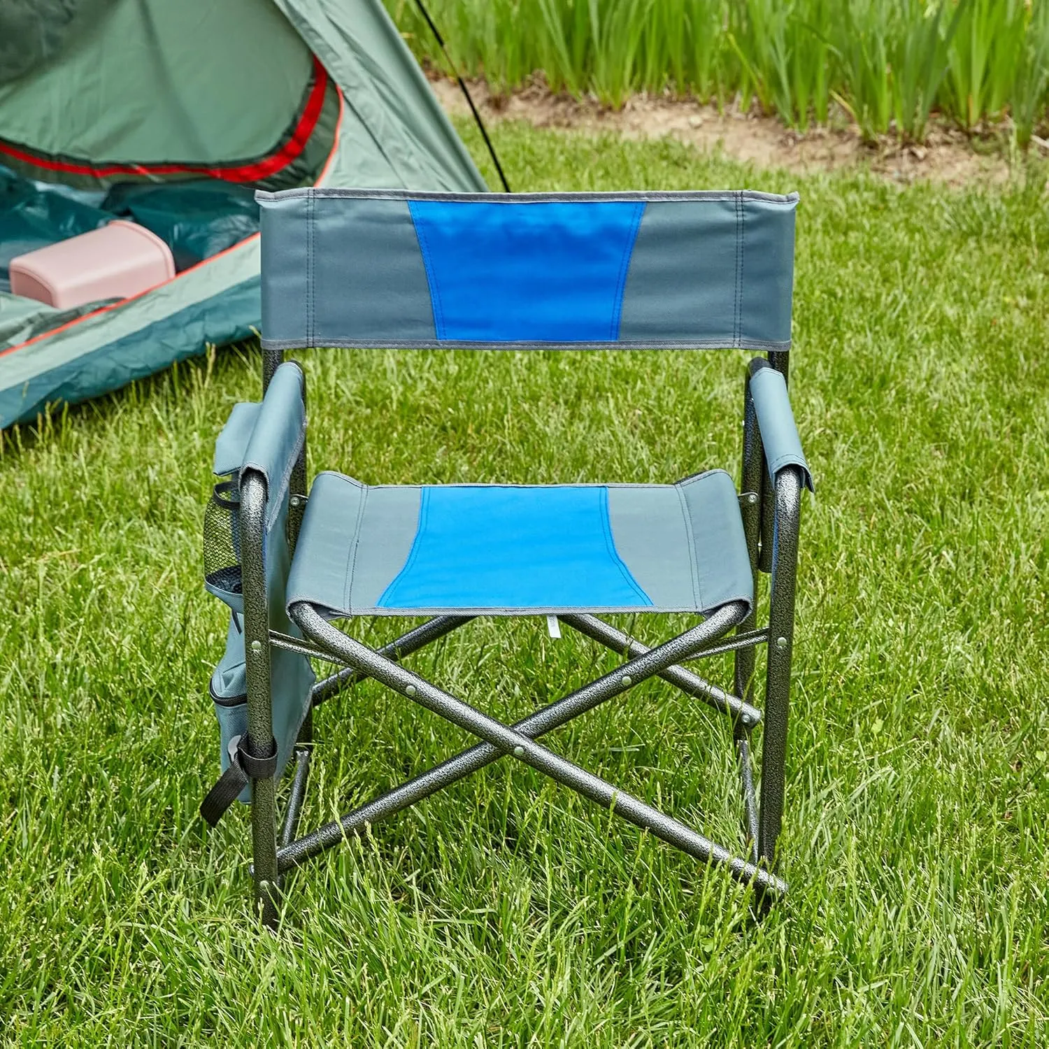 1-Piece Padded Folding Outdoor Chair with Storage Pockets,Lightweight Oversized Directors Chair for Indoor, Outdoor Camping, Picnics and Fishing,Blue,Gray