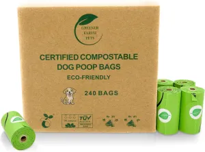100% Certified Compostable Dog Poop Bags, Plant Based.Biodegradable Waste Bags,Unscented Extra Strong, 240 count. 16 rolls. 13X9".Home compostable, Leak Proof. ASTM D6400 & EN13432 Compliant.
