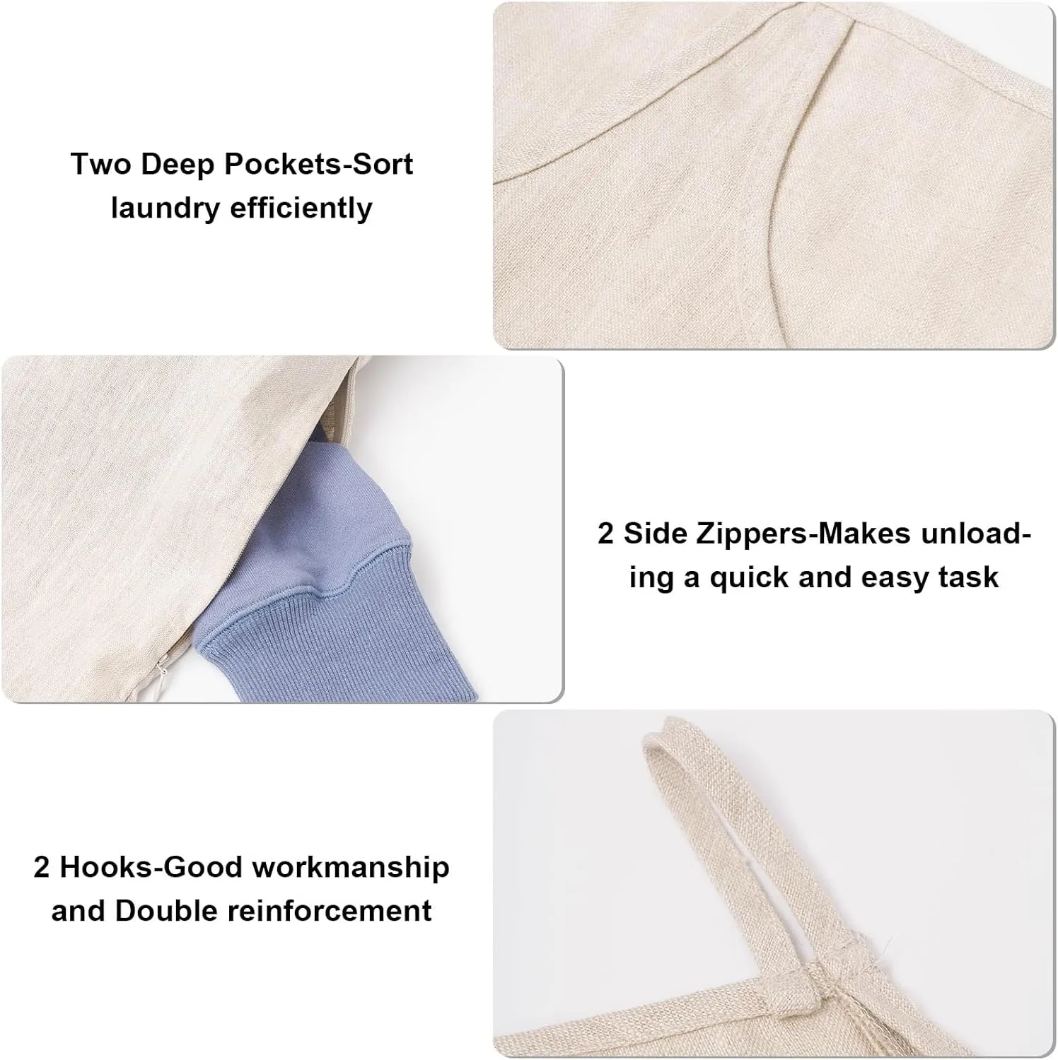 100% Pure Linen Dual Hanging Laundry Bag with 2 Deep Pocket and 2 Side Zipper 20x27in, Over The Door Laundry Hamper Space Saving Hampers for Dirty Clothes Home Travel, Linen