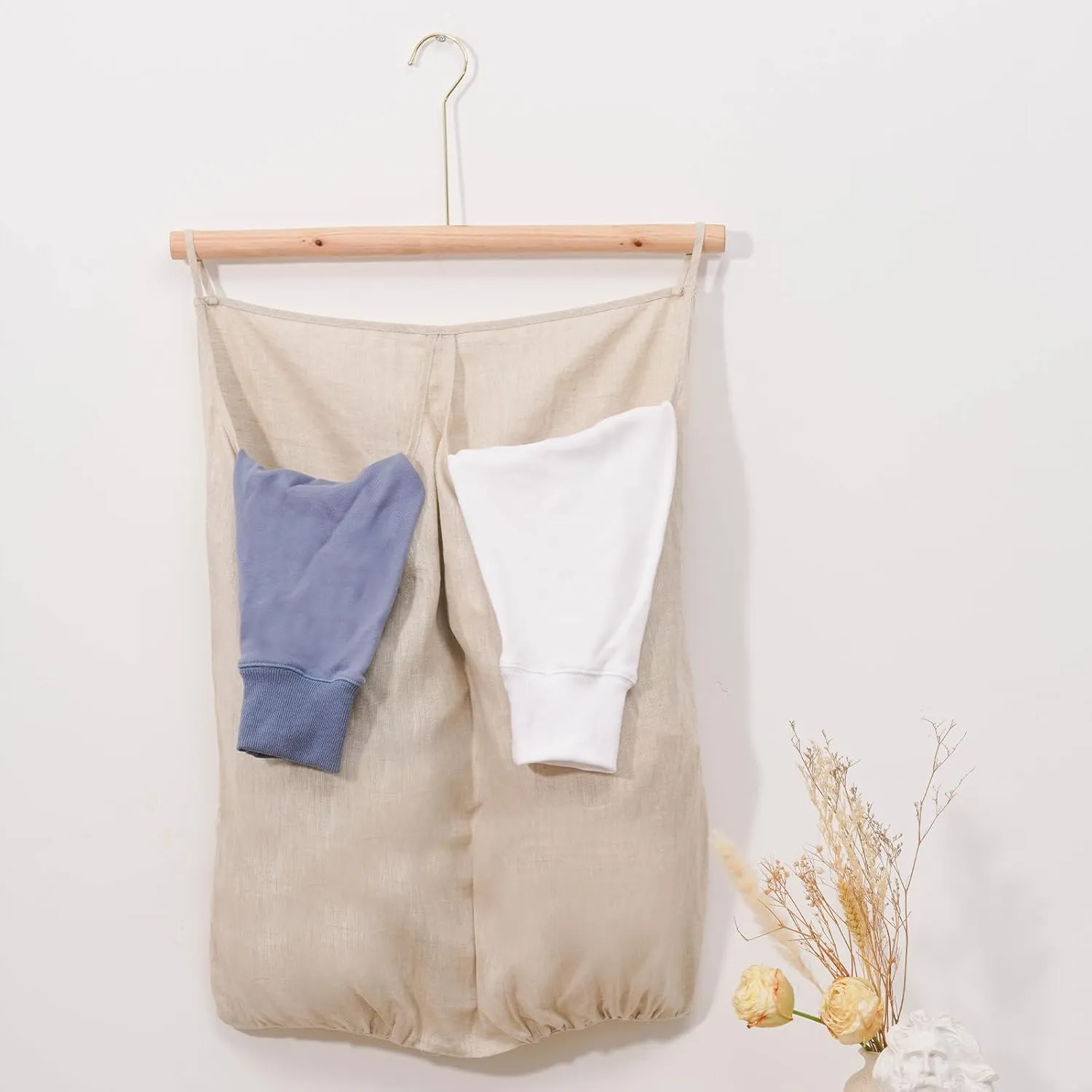 100% Pure Linen Dual Hanging Laundry Bag with 2 Deep Pocket and 2 Side Zipper 20x27in, Over The Door Laundry Hamper Space Saving Hampers for Dirty Clothes Home Travel, Linen