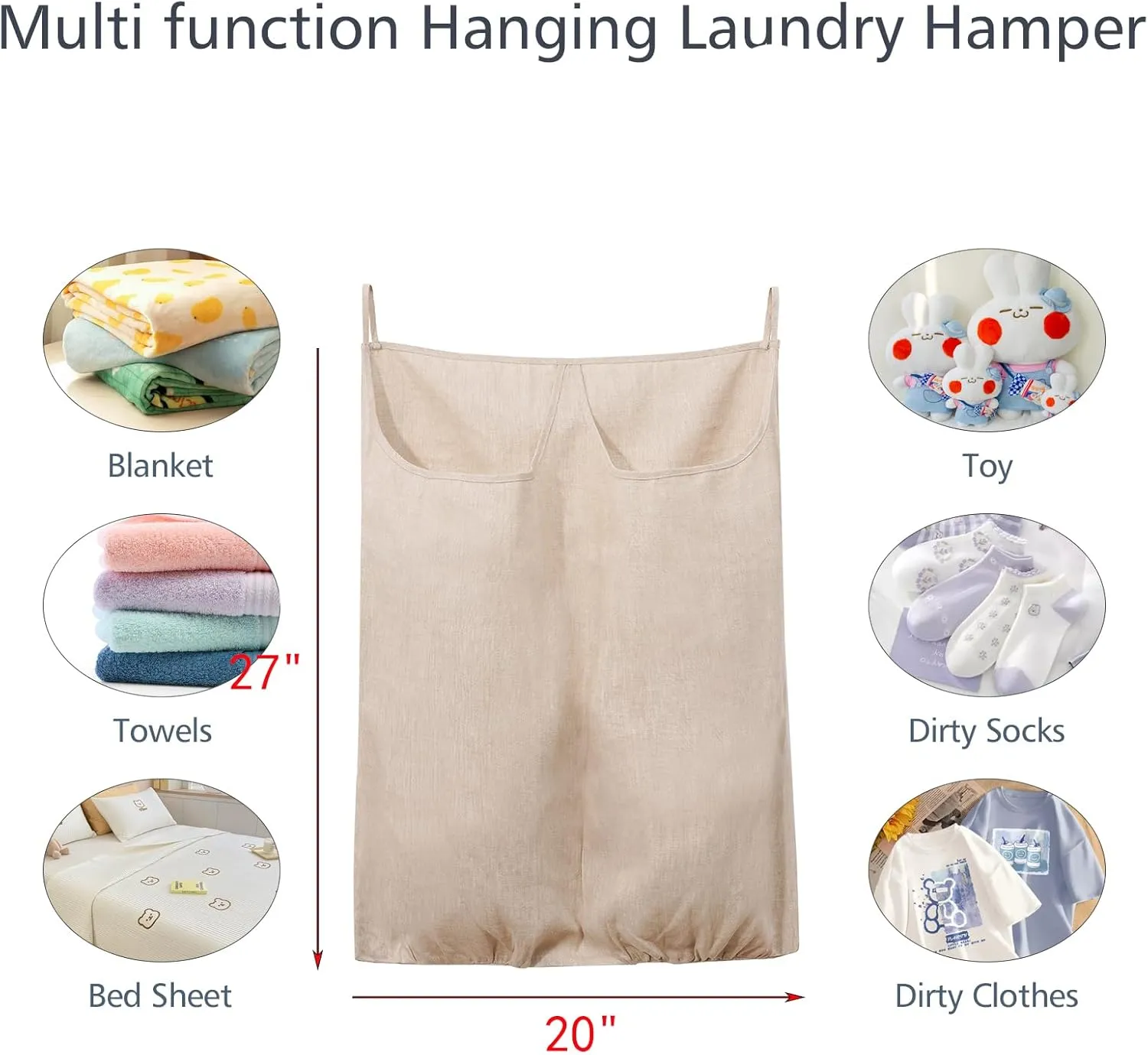 100% Pure Linen Dual Hanging Laundry Bag with 2 Deep Pocket and 2 Side Zipper 20x27in, Over The Door Laundry Hamper Space Saving Hampers for Dirty Clothes Home Travel, Linen