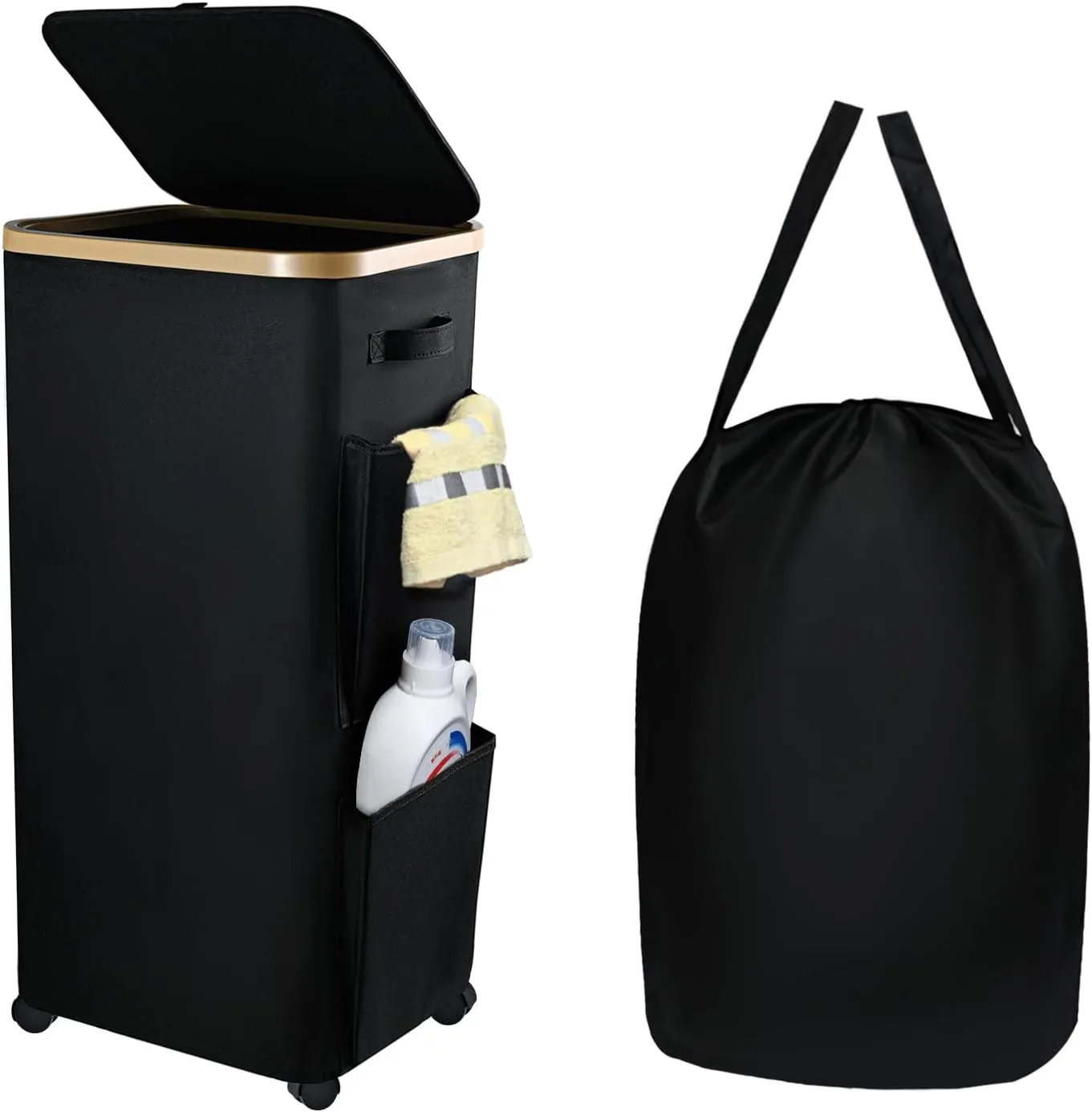 100L Black Laundry Hamper with Lid，Pockets and Wheels,Rolling Laundry Basket with Handles Foldable Dirty Clothes Hamper Wheeled Laundry Hamper for Home, Bedroom, Bathroom, and Dorm Use