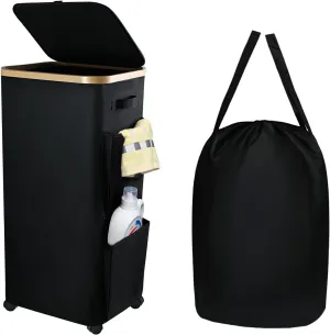 100L Black Laundry Hamper with Lid，Pockets and Wheels,Rolling Laundry Basket with Handles Foldable Dirty Clothes Hamper Wheeled Laundry Hamper for Home, Bedroom, Bathroom, and Dorm Use