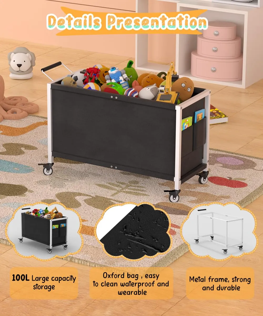 100L Large Kids Toy Box with Wheels, Toy Chest Storage Organizer for Toddlers, Boys, Girls, Toy Storage Bin for Stuffed Animals, PlayRoom, Bedroom, Nursery, Living Room, White