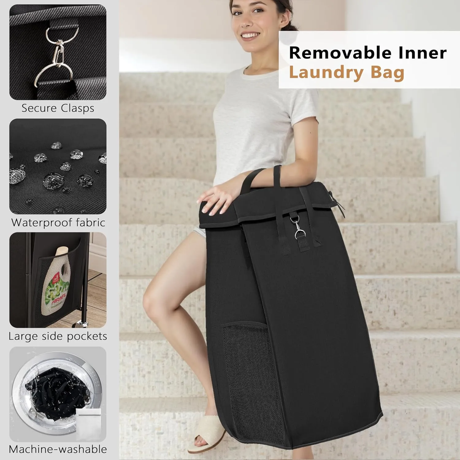 110L Laundry Basket with Wheels, Rolling Laundry Hamper with Metal Frame and Removable Bag, Dirty Clothes Hampers for Bedroom, Bathroom, Dorm Room, Black