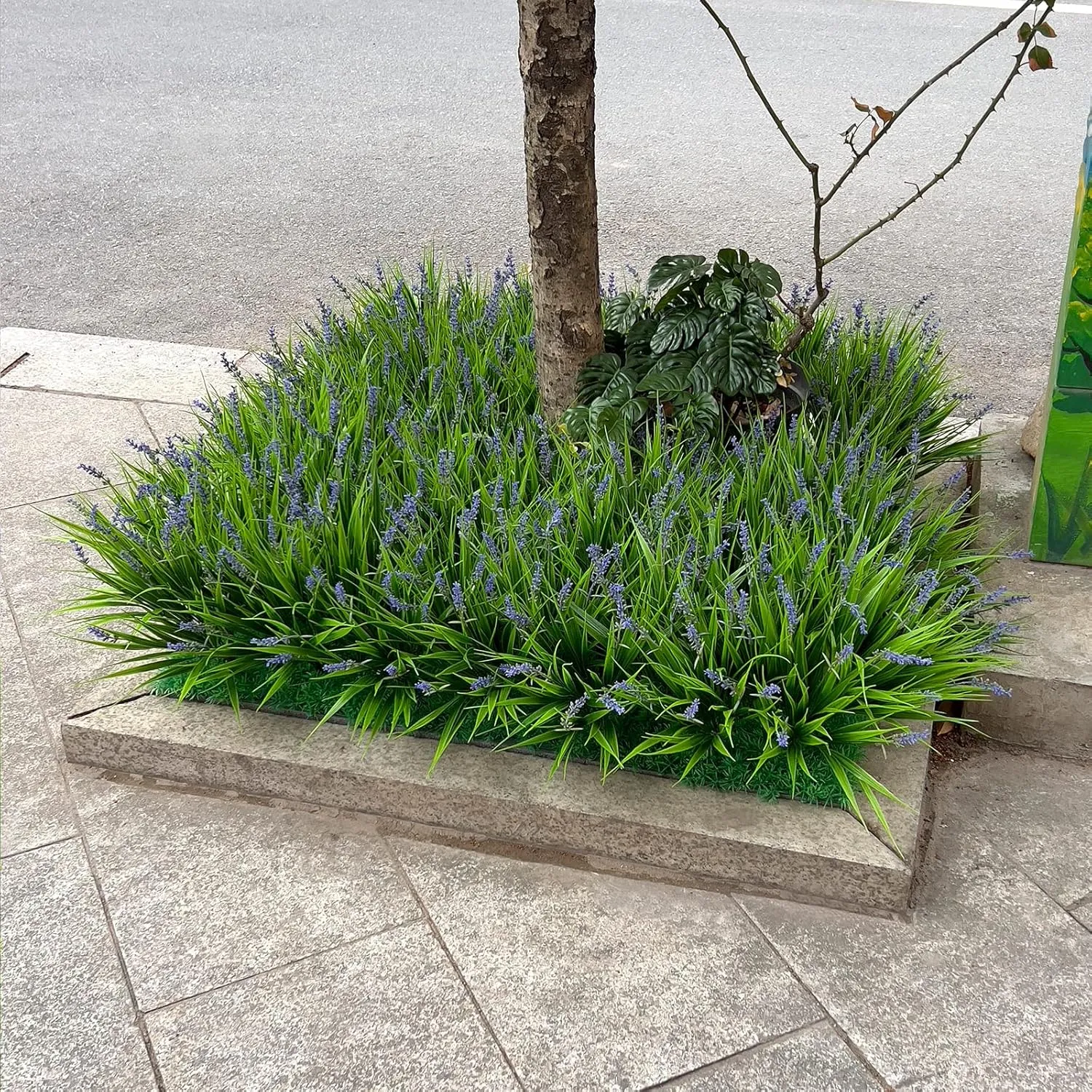 12 Bundles Artificial Plants Outdoor Fake Monkey Grass with Flowers for Pot UV Resistant Plant Decor for Window Garden Patio Hanging Planter Pathway Front Porch (Grass with Flowers)