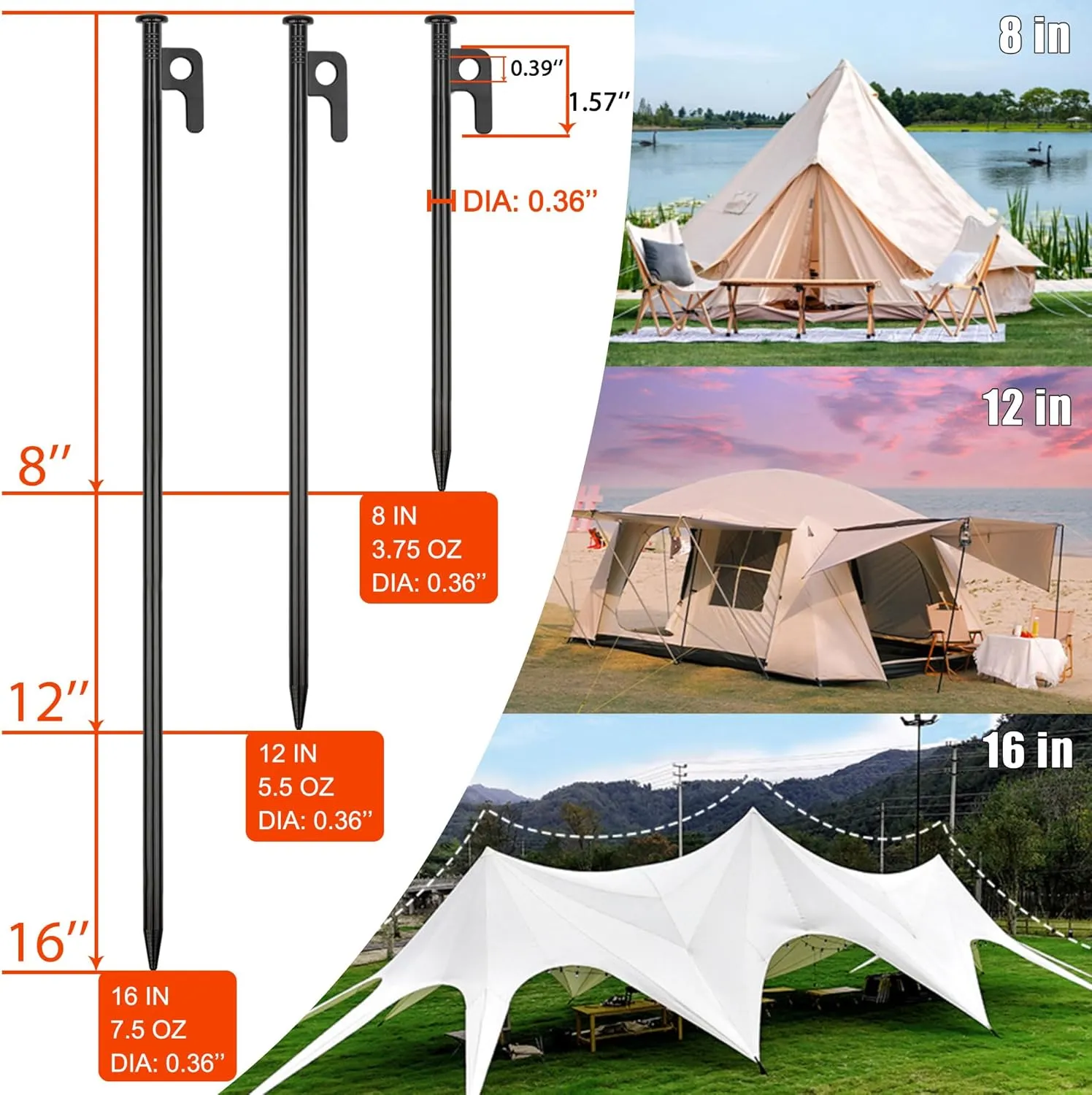 12 Pack Tent Stakes Heavy Duty Metal Tent Pegs for Camping Steel Tent Stakes 8 inch Unbreakable and Inflexible