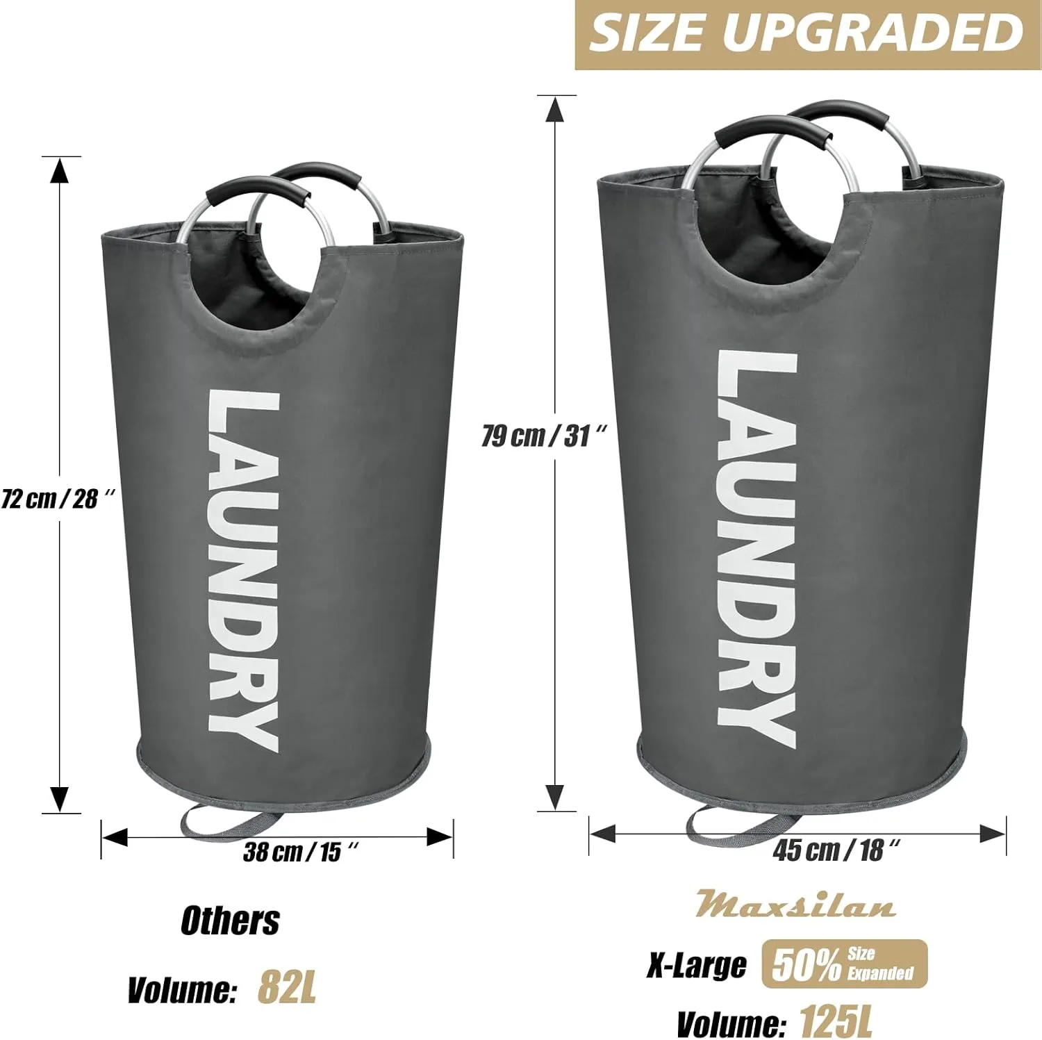 125L X-Large Laundry Basket, Freestanding Tall Clothes Hamper, Collapsible Laundry Bag, Waterproof with Foam Protected Aluminum Handles for College Dorm, Family,Dark Grey