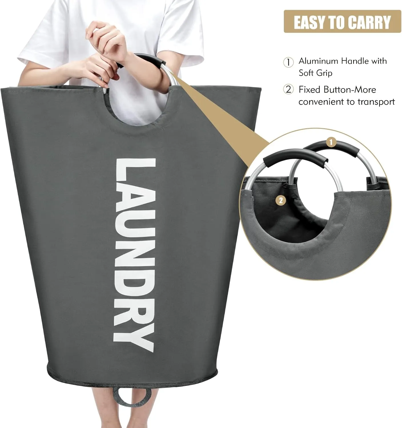 125L X-Large Laundry Basket, Freestanding Tall Clothes Hamper, Collapsible Laundry Bag, Waterproof with Foam Protected Aluminum Handles for College Dorm, Family,Dark Grey