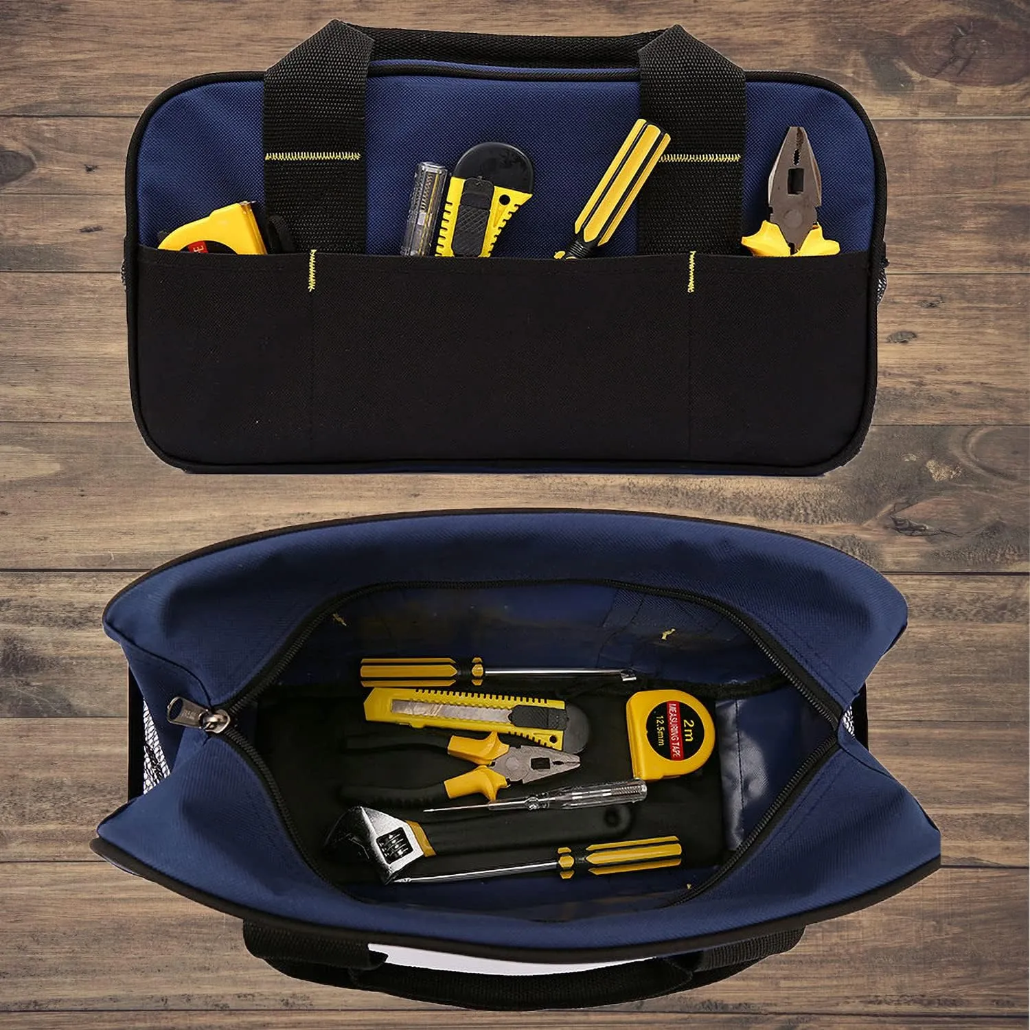 14 Inch Small Tool Tote Bag, Wide Mouth Tool Tote Bag, Waterproof Tool Organizer Bag, Multi-Pockets Wide Mouth Tool Tote For Man/Woman (Blue)