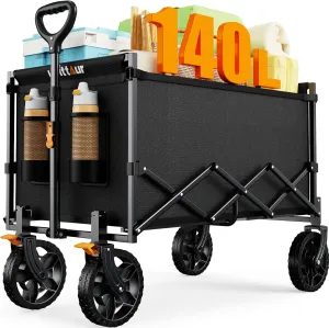 140L Collapsible Wagon Cart Foldable, Portable Folding Wagon with Silent Universal Wheels, Utility Grocery Cart for Camping Sports Shopping, Black