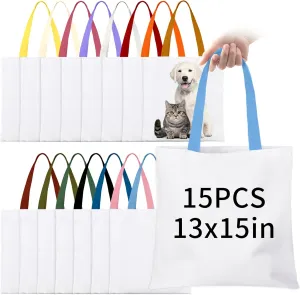 15 Pack Sublimation Blanks Tote Bags,13"x15" Reusable Grocery Bags DIY Canvas Tote Bag Polyester Tote Bag for Sublimation with Multicolor Handles for Advertising DIY Crafting Heat Transfer Gift Bag
