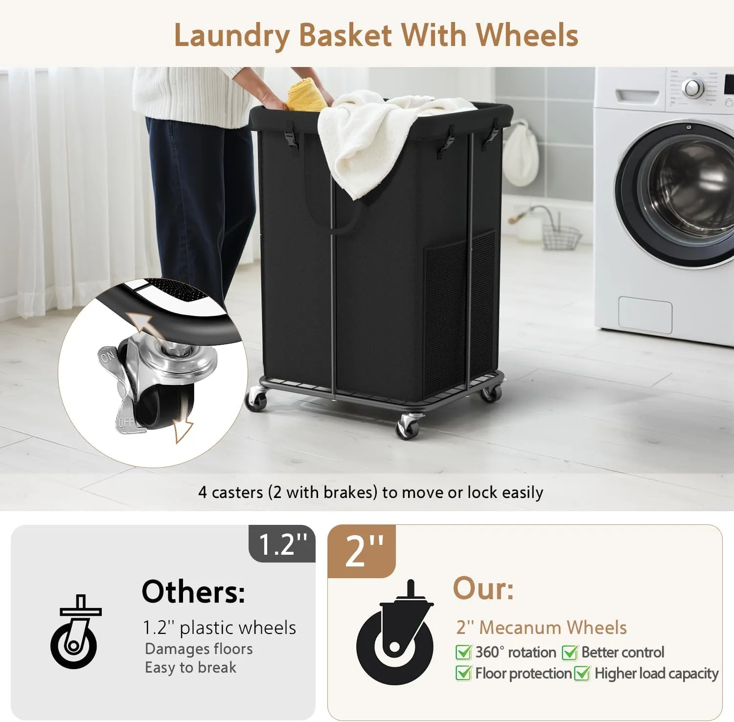 150L Large Laundry Basket with Wheels, Rolling Laundry Hamper with Removable Laundry Bag & Metal Frame, Oxford Fabric Dirty Clothes Hampers for Bedroom, Laundry Room, Bathroom, Dorm(Black)