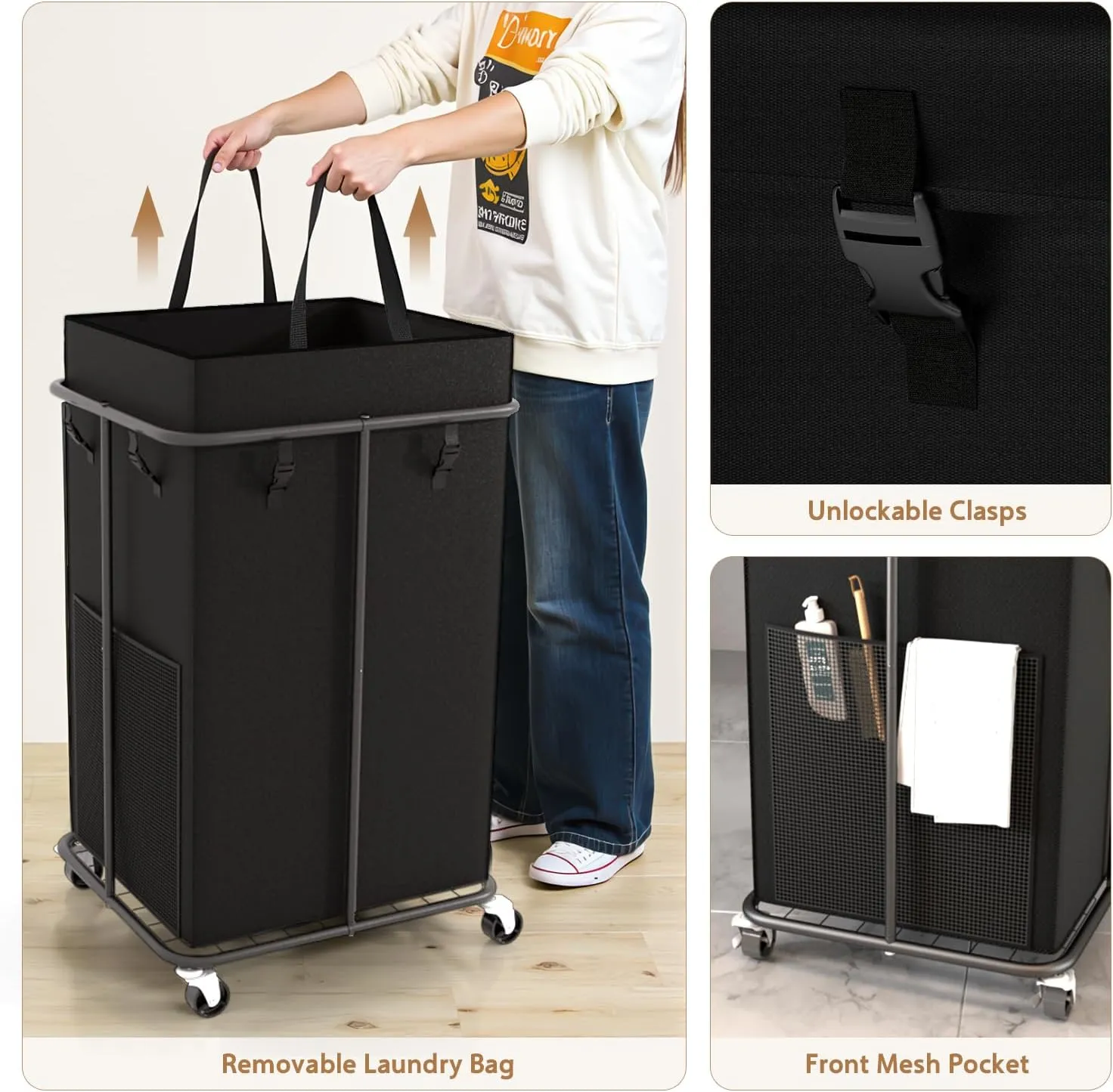 150L Large Laundry Basket with Wheels, Rolling Laundry Hamper with Removable Laundry Bag & Metal Frame, Oxford Fabric Dirty Clothes Hampers for Bedroom, Laundry Room, Bathroom, Dorm(Black)