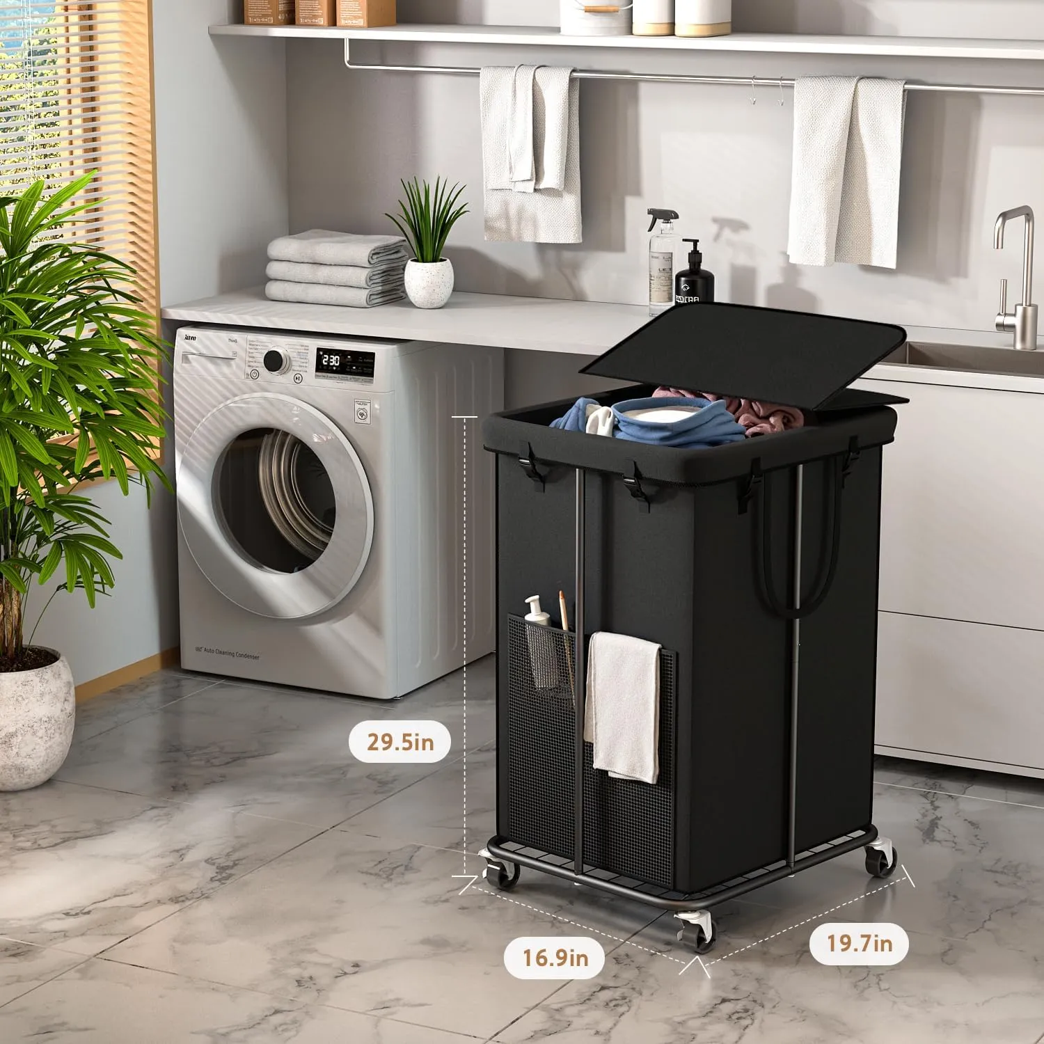 150L Large Laundry Hamper with Lid, Rolling Laundry Basket with Wheels, Oxford Fabric Dirty Clothes Hampers with Removable Laundry Bag & Metal Frame for Bedroom, Laundry Room, Bathroom, Dorm(Black)