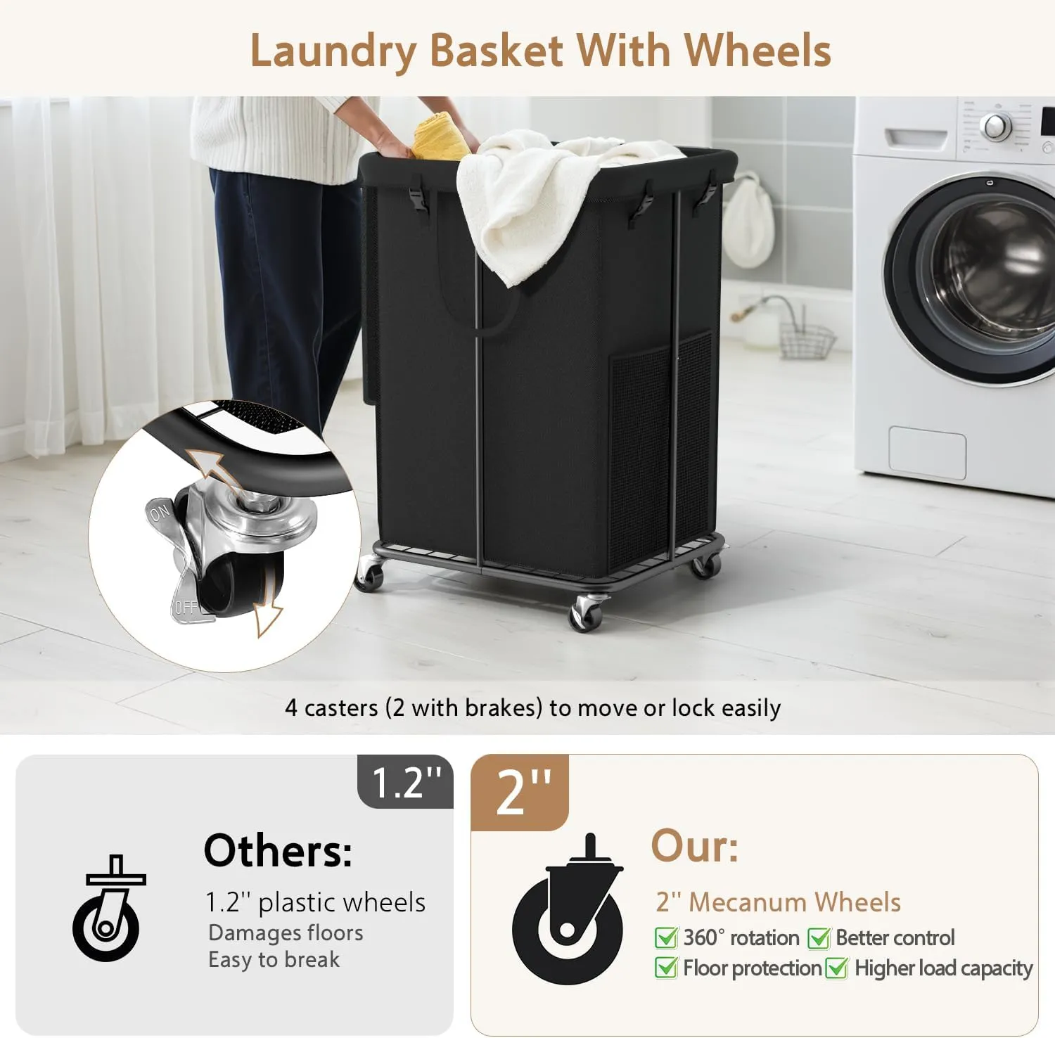 150L Large Laundry Hamper with Lid, Rolling Laundry Basket with Wheels, Oxford Fabric Dirty Clothes Hampers with Removable Laundry Bag & Metal Frame for Bedroom, Laundry Room, Bathroom, Dorm(Black)