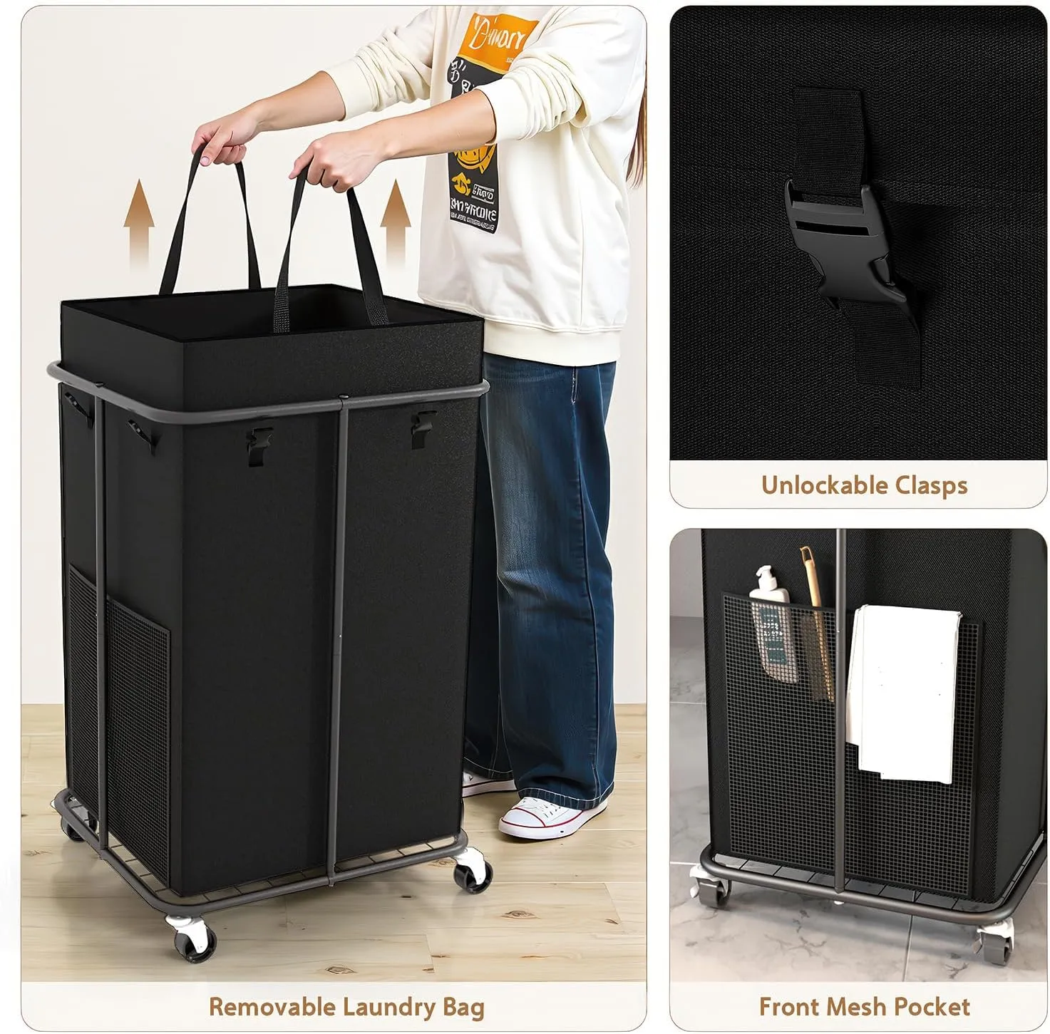 150L Large Laundry Hamper with Lid, Rolling Laundry Basket with Wheels, Oxford Fabric Dirty Clothes Hampers with Removable Laundry Bag & Metal Frame for Bedroom, Laundry Room, Bathroom, Dorm(Black)