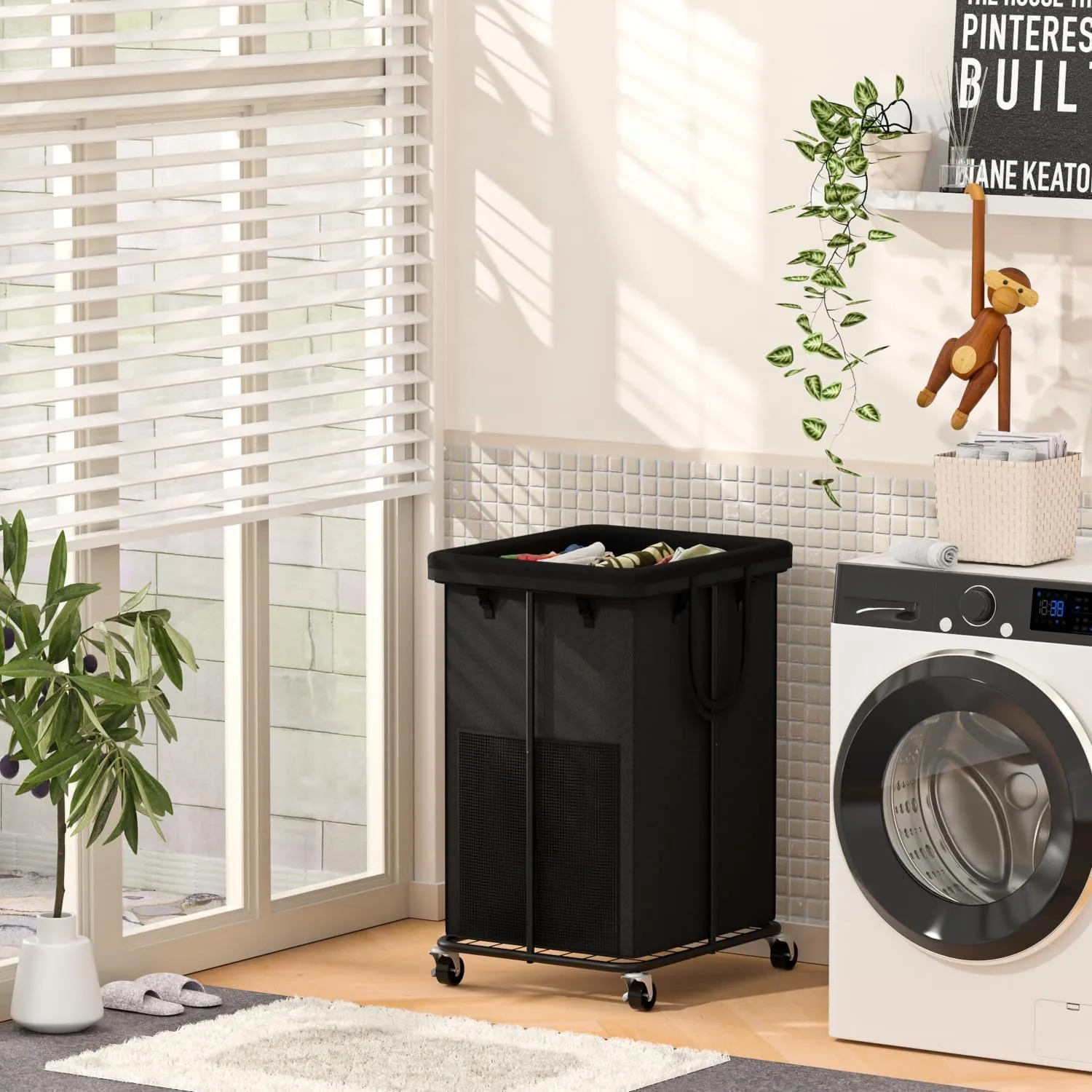 150L Large Laundry Hampers Basket with Removable Washing Bag, Oxford Fabric Laundry Hamper Clothes Hampers, Metal Frame Design with Wheels, Suitable for Bedroom, Laundry Room (Black with Bag)