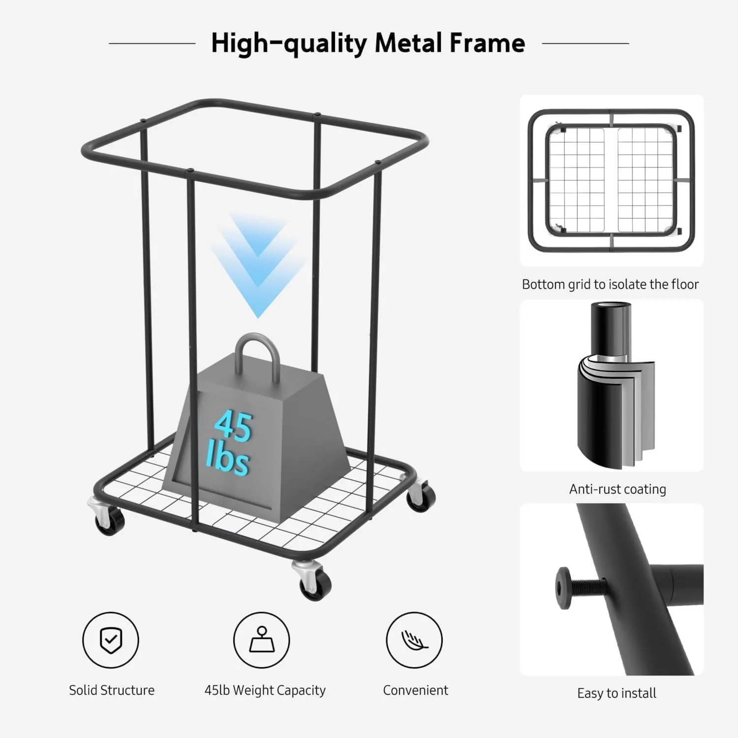 150L Large Laundry Hampers Basket with Removable Washing Bag, Oxford Fabric Laundry Hamper Clothes Hampers, Metal Frame Design with Wheels, Suitable for Bedroom, Laundry Room (Black with Bag)