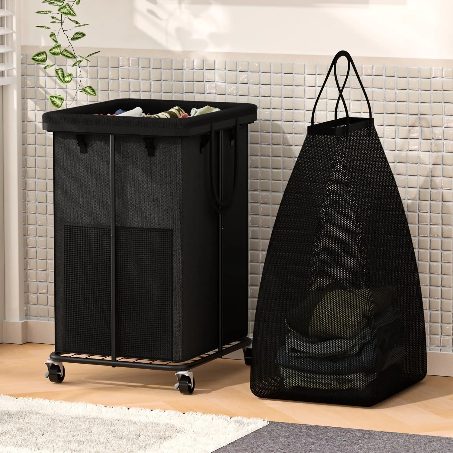 150L Large Laundry Hampers Basket with Removable Washing Bag, Oxford Fabric Laundry Hamper Clothes Hampers, Metal Frame Design with Wheels, Suitable for Bedroom, Laundry Room (Black with Bag)