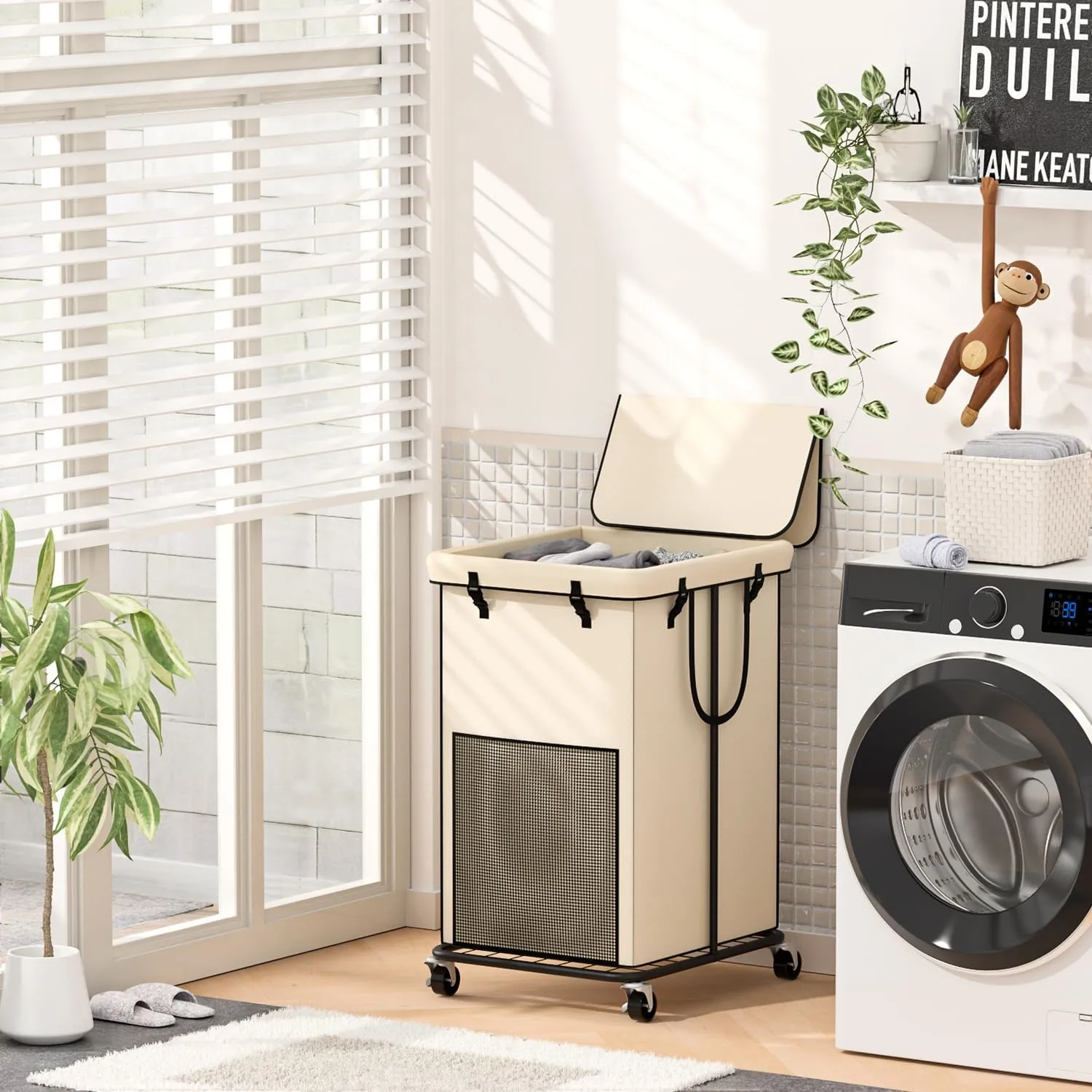 150L Large Laundry Hampers with Lid, Oxford Fabric Laundry Hampers, Metal Frame and Removable Bag Design with Wheels, Suitable for Bedroom, Bathroom, Dorm Room, Laundry Room (Cream Lid, 150L)