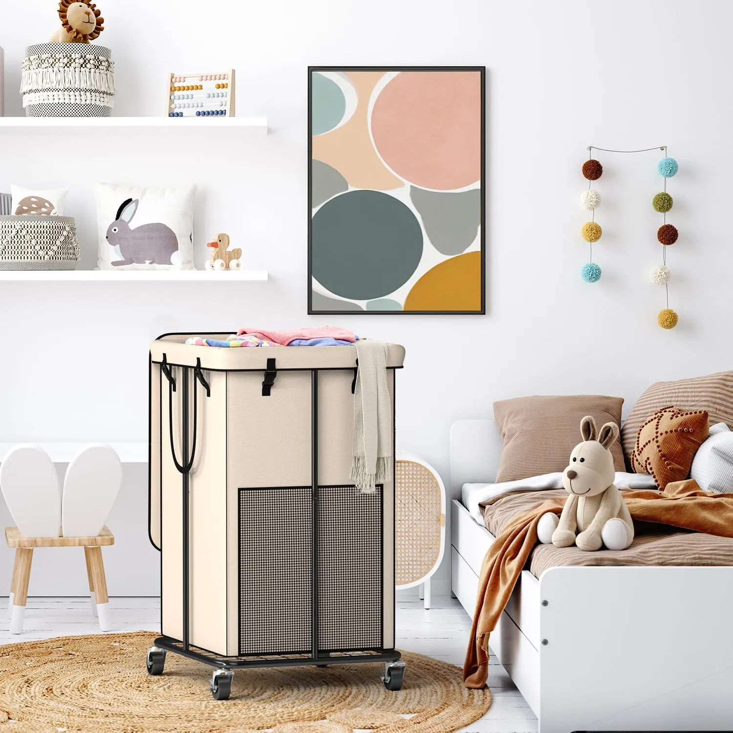 150L Large Laundry Hampers with Lid, Oxford Fabric Laundry Hampers, Metal Frame and Removable Bag Design with Wheels, Suitable for Bedroom, Bathroom, Dorm Room, Laundry Room (Cream Lid, 150L)