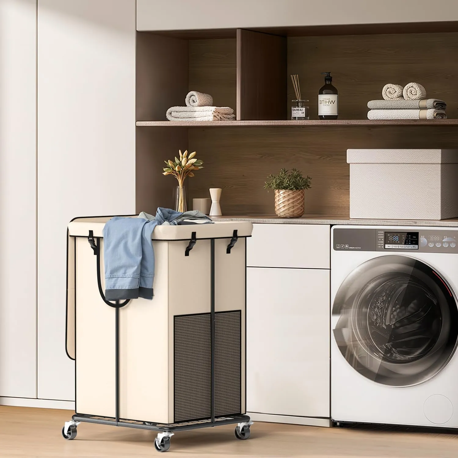 150L Large Laundry Hampers with Lid, Oxford Fabric Laundry Hampers, Metal Frame and Removable Bag Design with Wheels, Suitable for Bedroom, Bathroom, Dorm Room, Laundry Room (Cream Lid, 150L)