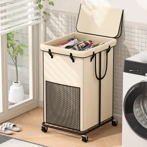 150L Large Laundry Hampers with Lid, Oxford Fabric Laundry Hampers, Metal Frame and Removable Bag Design with Wheels, Suitable for Bedroom, Bathroom, Dorm Room, Laundry Room (Cream Lid, 150L)