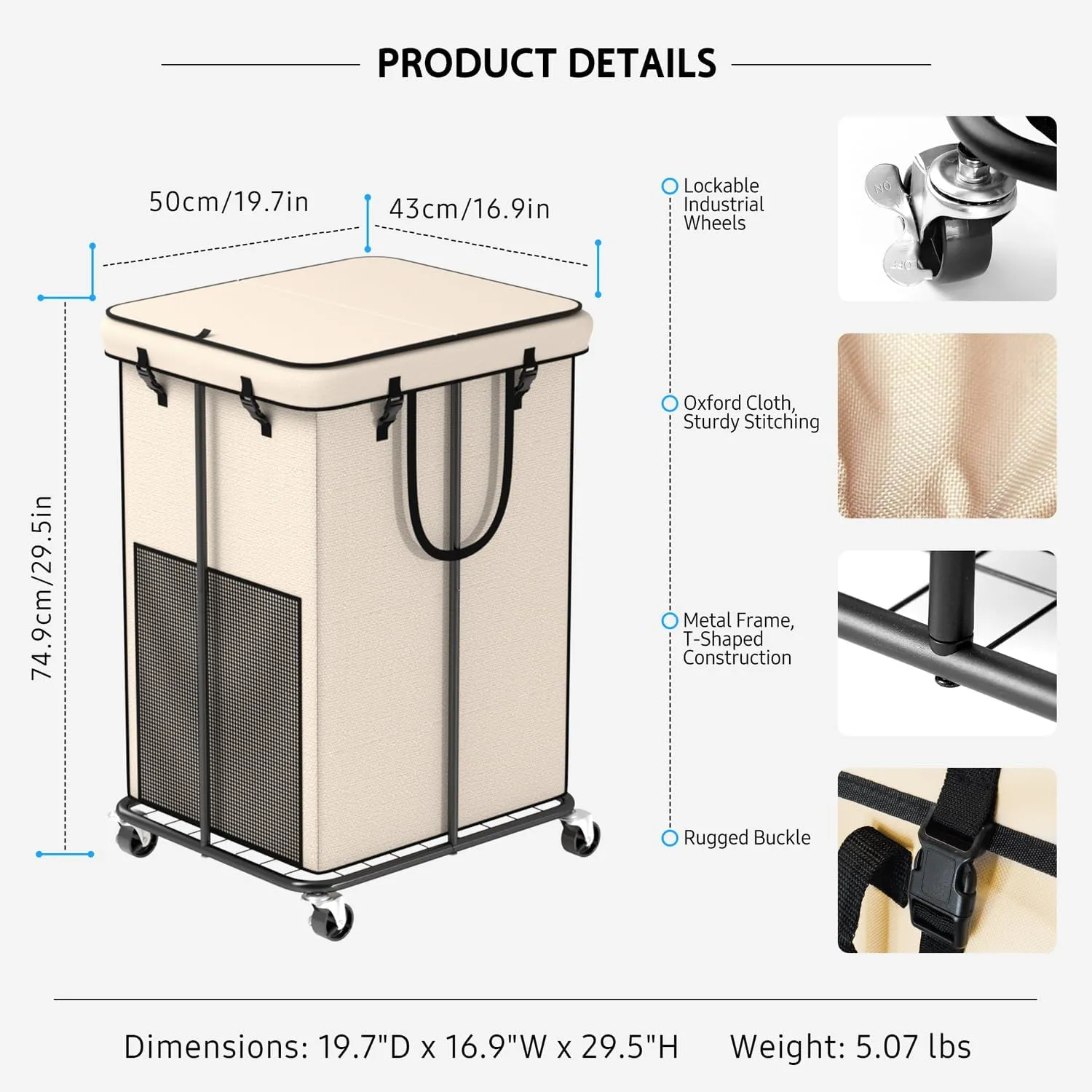 150L Large Laundry Hampers with Lid, Oxford Fabric Laundry Hampers, Metal Frame and Removable Bag Design with Wheels, Suitable for Bedroom, Bathroom, Dorm Room, Laundry Room (Cream Lid, 150L)