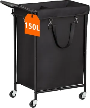 150L Laundry Basket with Wheels, Rolling Laundry Hamper 2 section with Metal Frame and Removable Bag, Dirty Clothes Hampers for Bedroom, Bathroom, Dorm, Black