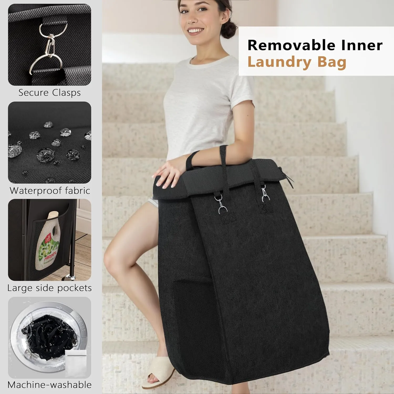 150L Laundry Basket with Wheels, Rolling Laundry Hamper 2 section with Metal Frame and Removable Bag, Dirty Clothes Hampers for Bedroom, Bathroom, Dorm, Black