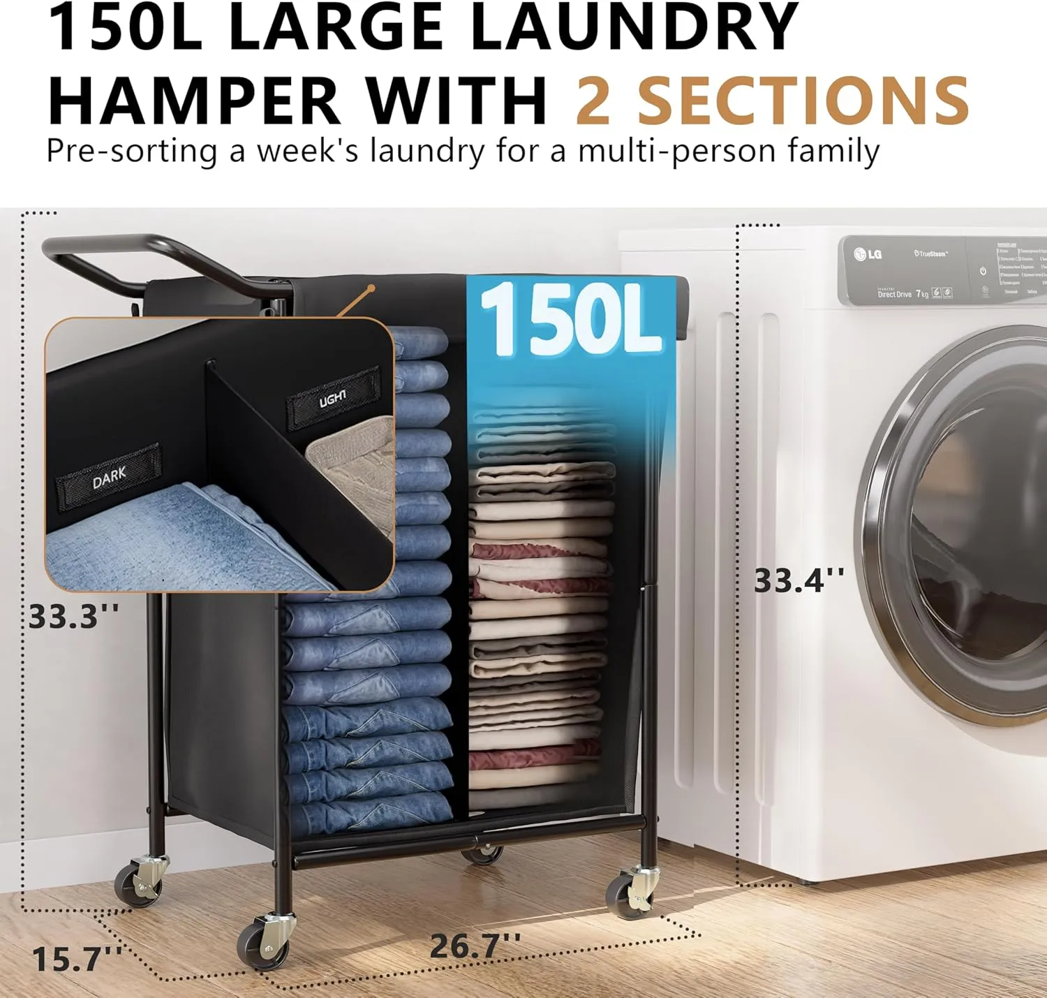 150L Laundry Basket with Wheels, Rolling Laundry Hamper 2 section with Metal Frame and Removable Bag, Dirty Clothes Hampers for Bedroom, Bathroom, Dorm, Black
