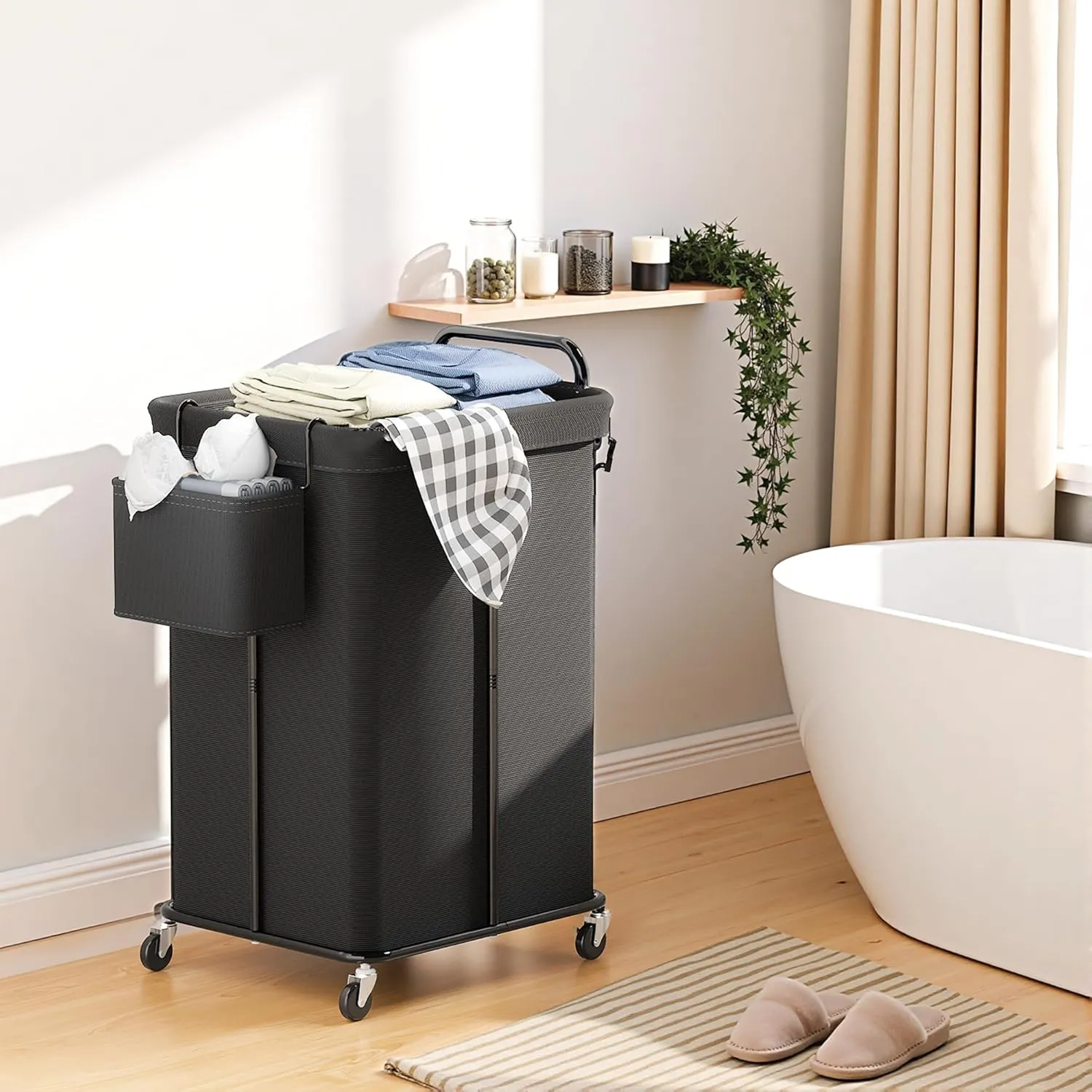 150L Rolling Laundry Hampers on Wheels, 3 Section Laundry Basket with wheels with Side Bag for Dirty Clothes, Dorm Room Organization