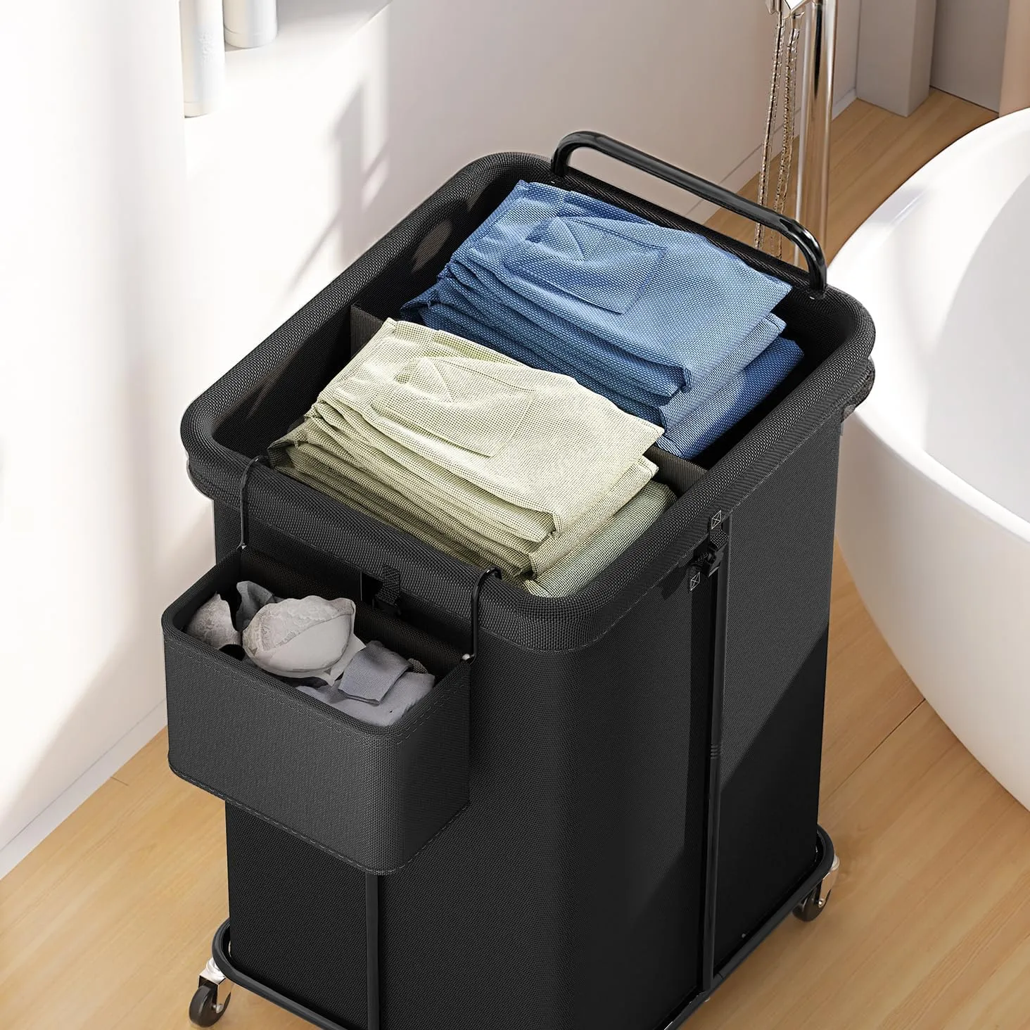 150L Rolling Laundry Hampers on Wheels, 3 Section Laundry Basket with wheels with Side Bag for Dirty Clothes, Dorm Room Organization