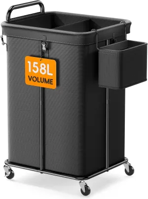 150L Rolling Laundry Hampers on Wheels, 3 Section Laundry Basket with wheels with Side Bag for Dirty Clothes, Dorm Room Organization