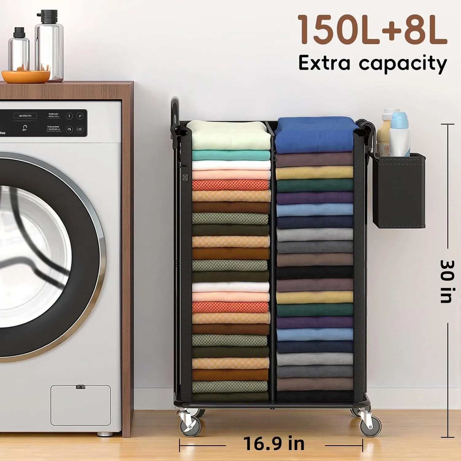 150L Rolling Laundry Hampers on Wheels, 3 Section Laundry Basket with wheels with Side Bag for Dirty Clothes, Dorm Room Organization