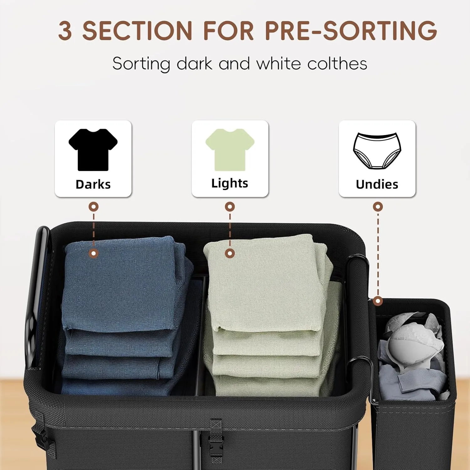 150L Rolling Laundry Hampers on Wheels, 3 Section Laundry Basket with wheels with Side Bag for Dirty Clothes, Dorm Room Organization