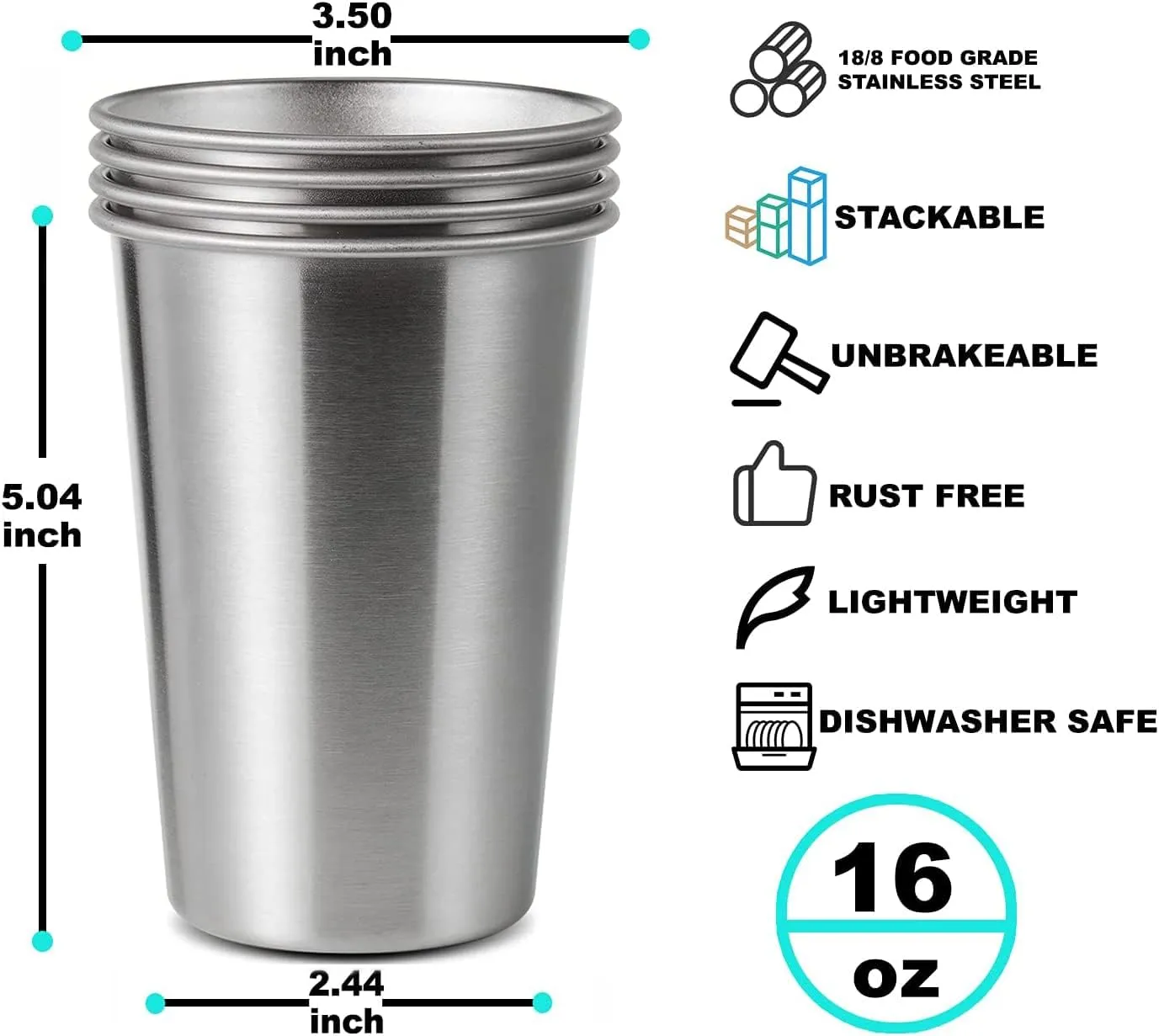 16 Pack 16oz Stainless Steel Pint Cup,Healthy Unbreakable and Stackable,Metal Drinking Glasses