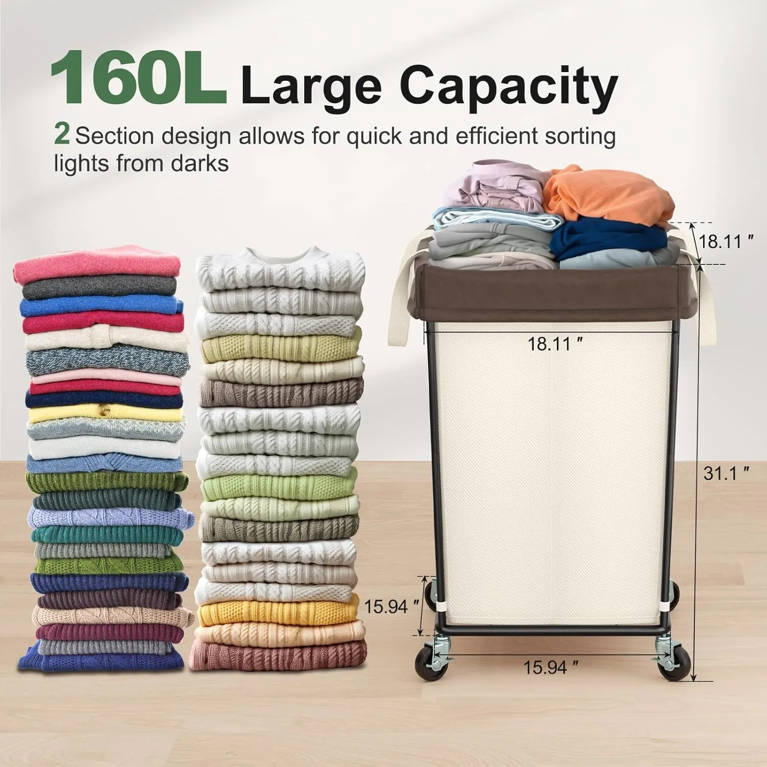 160L Laundry Hamper with Wheels, 2 Section Large Rolling Laundry Basket Bag with Wheels, Clothes Hamper Cart for Laundry, Bedroom, Bathroom and Dorm