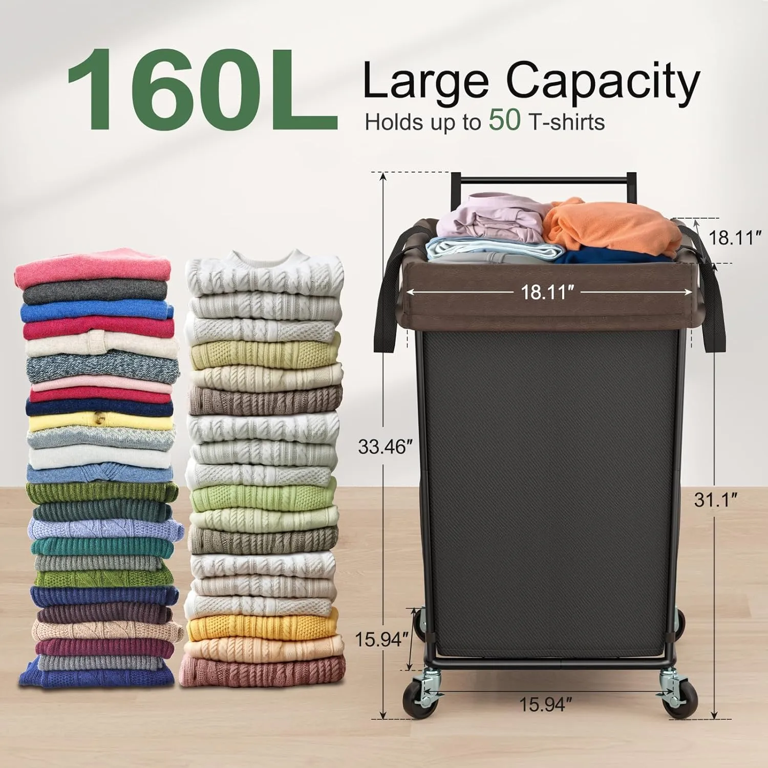 160L Laundry Hamper with Wheels and Handle, 2 Section Large Rolling Laundry Basket Bag with Wheels, Clothes Hamper Cart for Laundry, Bedroom, Bathroom and Dorm