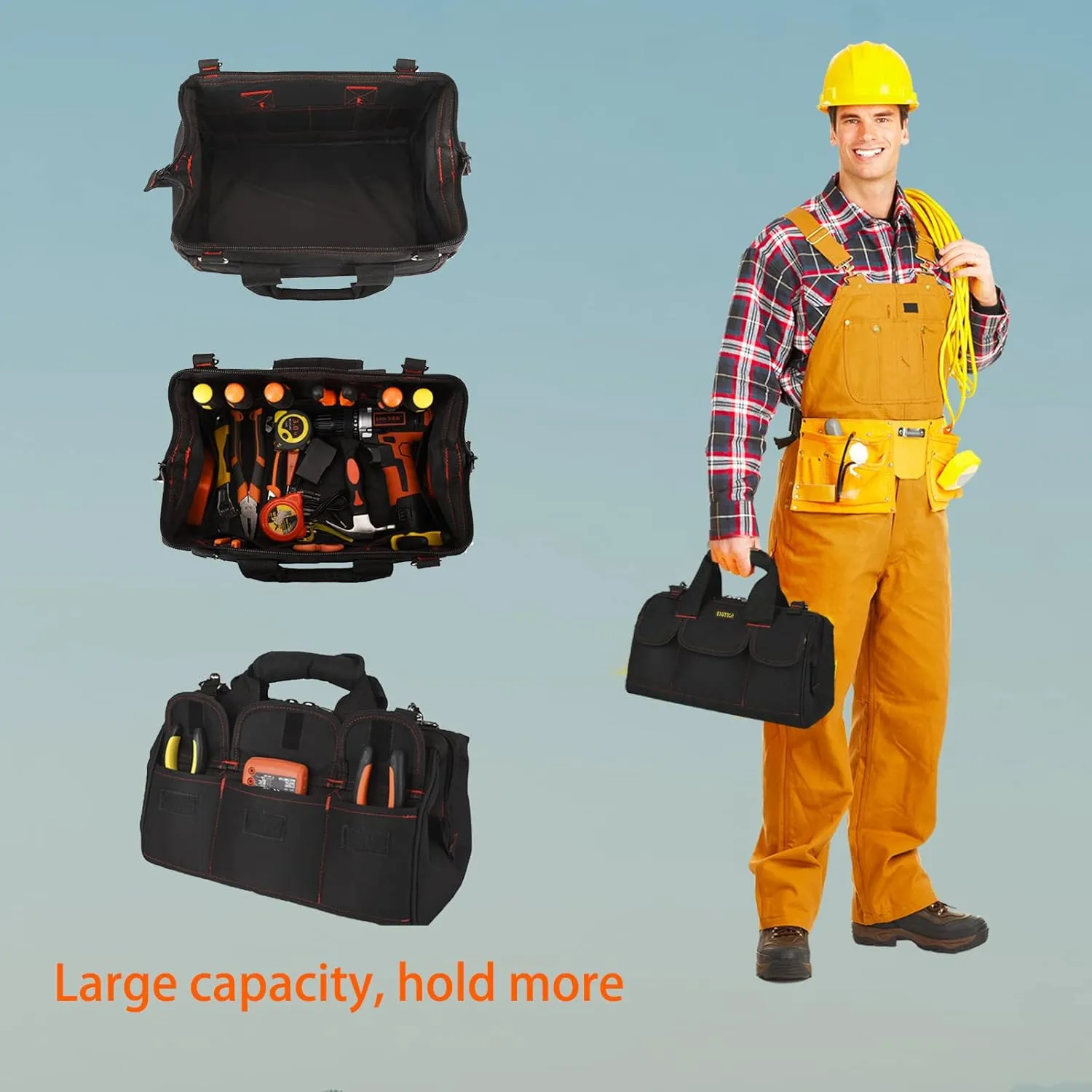 17-inch Heavy Duty Tote Bag With Wide Mouth For Tool Storage, Carrier and Organizer,Tools Bag for Men, Wide Mouth Tool Bag With Inside Pockets (17 Inch)