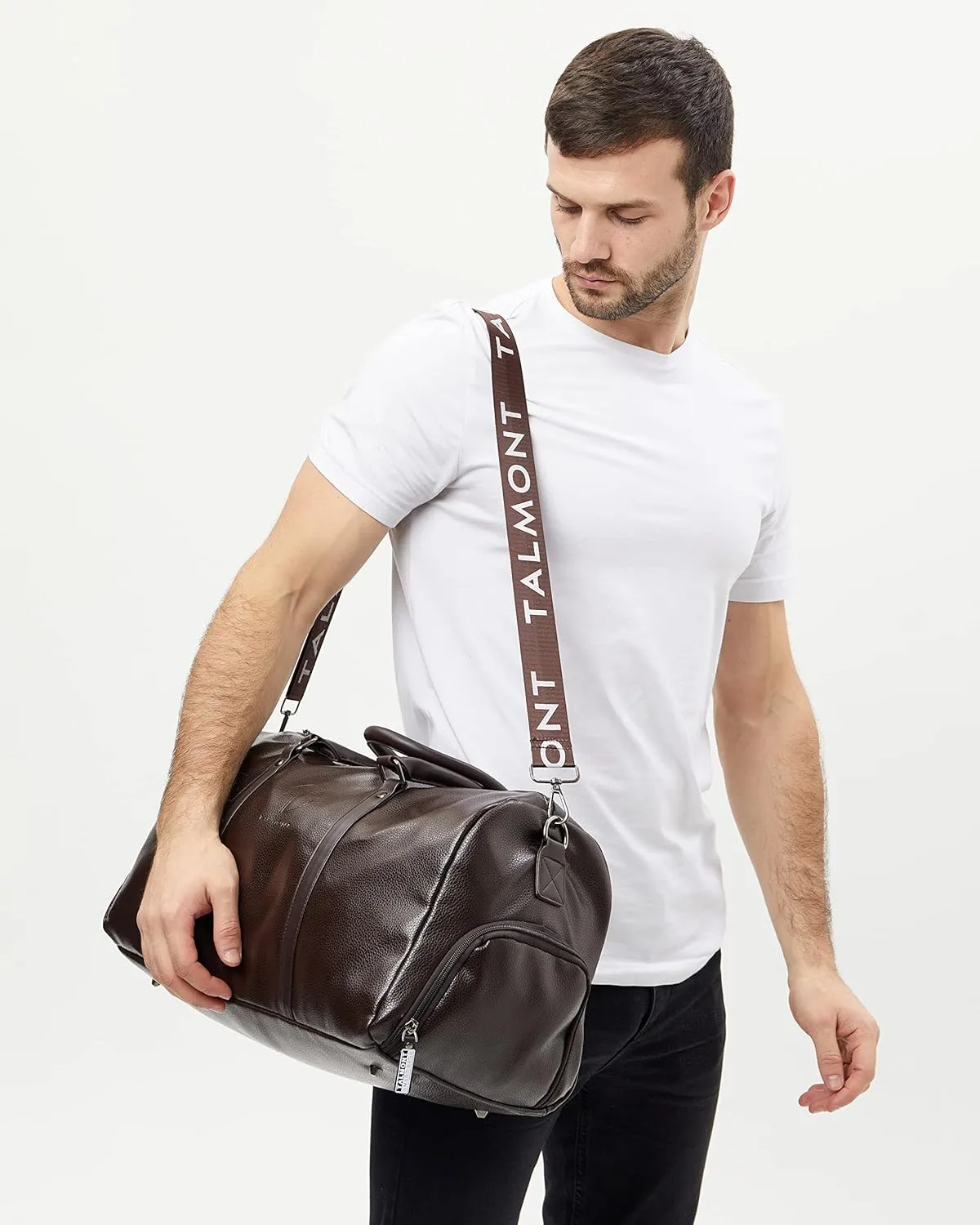 17.7 inch Men's Duffle Leather Bag with Shoe Compartment for Sports Travel - Gym Carry-on Luggage with Adjustable Shoulder Strap, Weekender Travel Overnight Bag for Men (Brown)