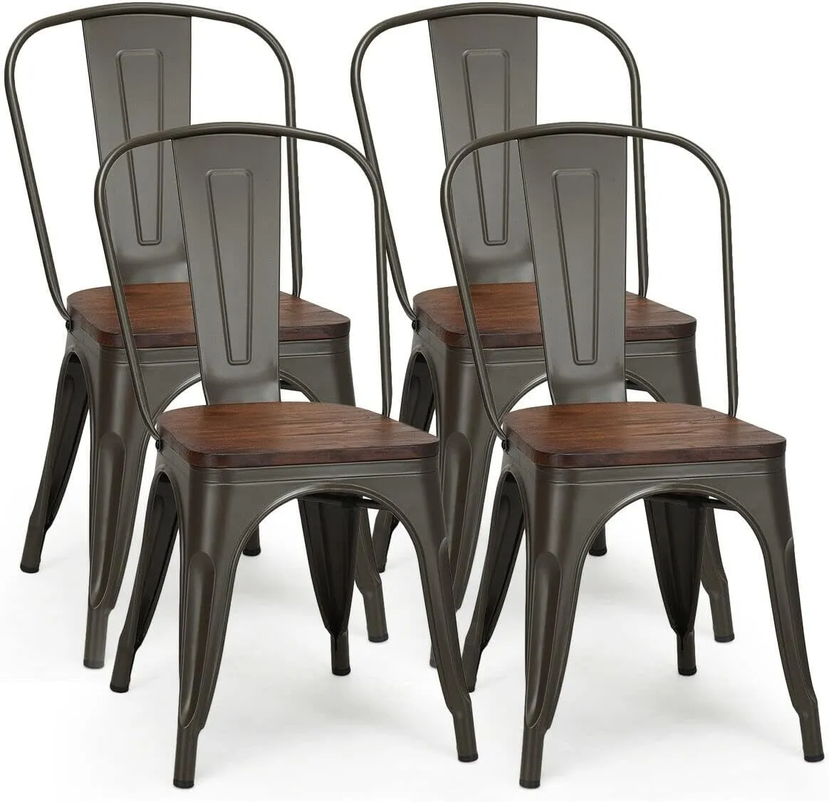 18 Inch Stackable Metal Dining Chairs,Industrial Style Metal Wood Dining Chair, Tolix Style Vintage Cafe Side Chairs with Wooden Seat and Back,Set of 4 (Gun)