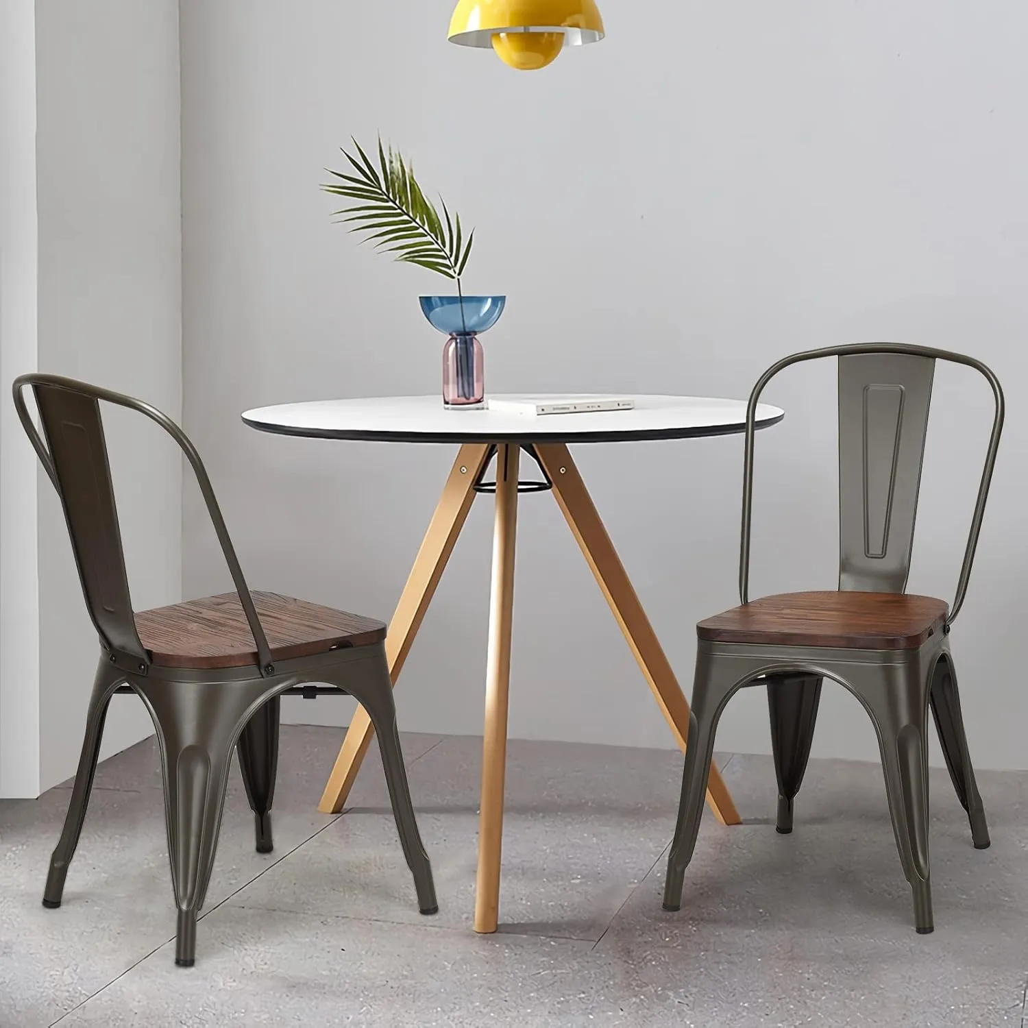 18 Inch Stackable Metal Dining Chairs,Industrial Style Metal Wood Dining Chair, Tolix Style Vintage Cafe Side Chairs with Wooden Seat and Back,Set of 4 (Gun)