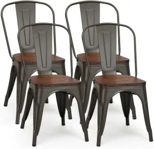 18 Inch Stackable Metal Dining Chairs,Industrial Style Metal Wood Dining Chair, Tolix Style Vintage Cafe Side Chairs with Wooden Seat and Back,Set of 4 (Gun)