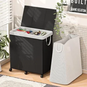 180L Large Laundry Hamper 2 Compartment with Laundry Washing Bag, Laundry Basket with Lid, Metal Frame and Removable Bag Design with Wheels, Suitable for Bathroom, Dorm Room, Laundry Room