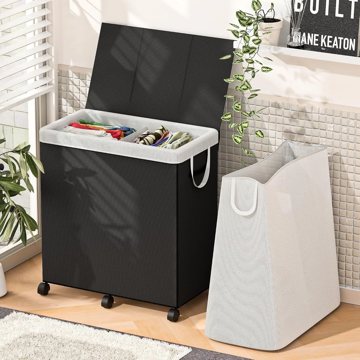 180L Large Laundry Hamper 2 Compartment with Laundry Washing Bag, Laundry Basket with Lid, Metal Frame and Removable Bag Design with Wheels, Suitable for Bathroom, Dorm Room, Laundry Room