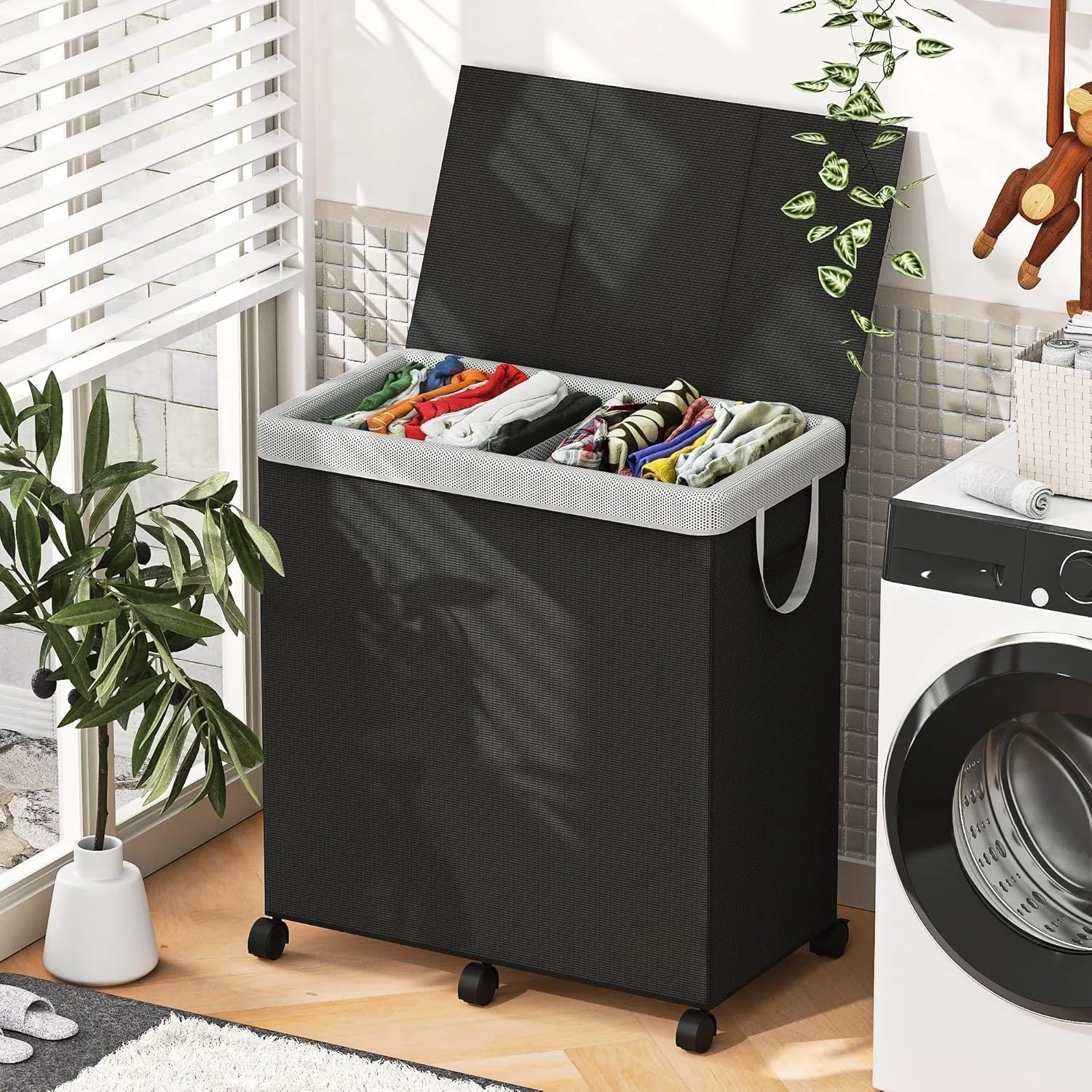 180L Large Laundry Hamper 2 Compartment with Laundry Washing Bag, Laundry Basket with Lid, Metal Frame and Removable Bag Design with Wheels, Suitable for Bathroom, Dorm Room, Laundry Room
