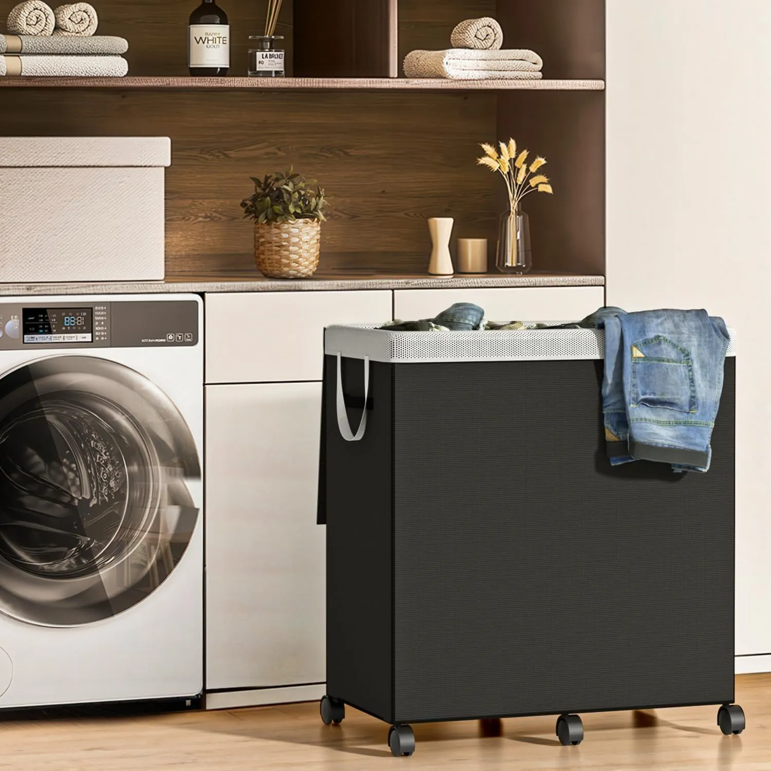 180L Large Laundry Hamper 2 Compartment with Laundry Washing Bag, Laundry Basket with Lid, Metal Frame and Removable Bag Design with Wheels, Suitable for Bathroom, Dorm Room, Laundry Room
