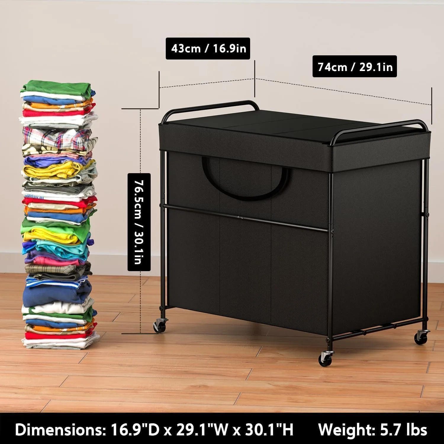 180L Large Laundry Hamper, 3 Compartment Laundry Basket with Lid, Removable Bag & Metal Structure with Industrial Wheels, Suitable for Bathroom, Dorm Room, Laundry Room (Black, 180L)